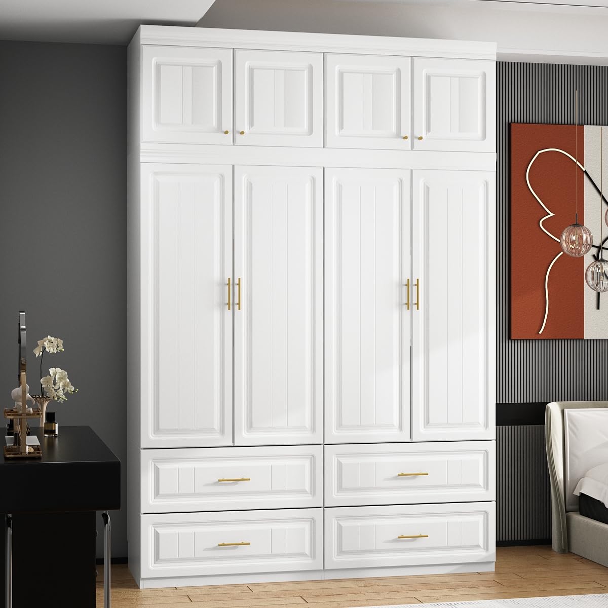 MOUMON 4-Door Wardrobe Closet with Drawers & Shelves, White Armoire Cabinet with Hanging Rod & Gold Metal Handles - 63