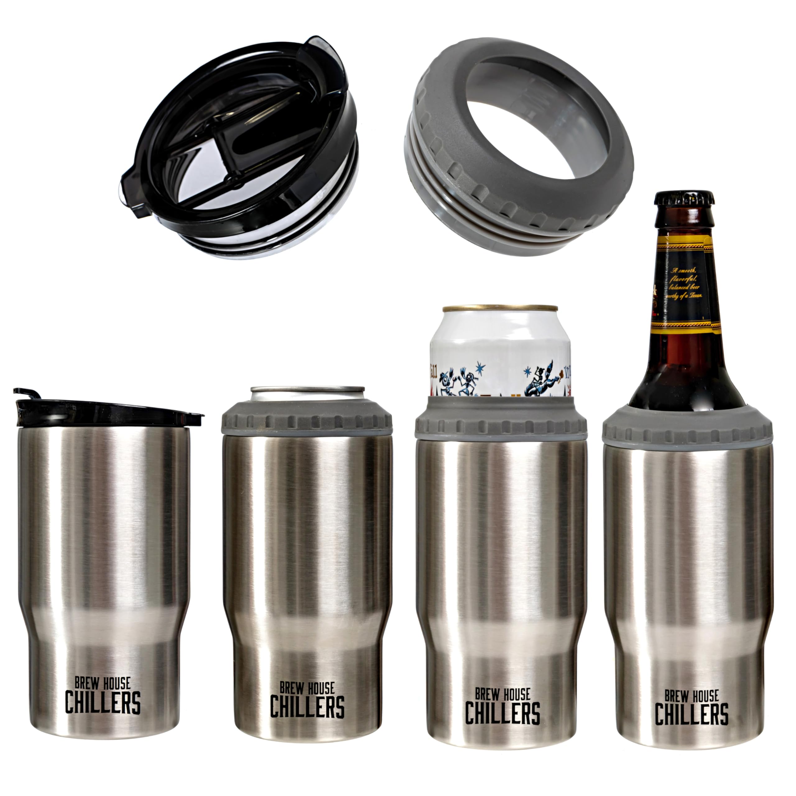 4 in 1 Stainless Steel Insulated Drink Holder - Coffee Travel Mug, Beer Bottle & Can Cooler with Hot/Cold Lids - Perfect for Commuting, Camping & Office Use - Includes Insulated Base & Gift Box