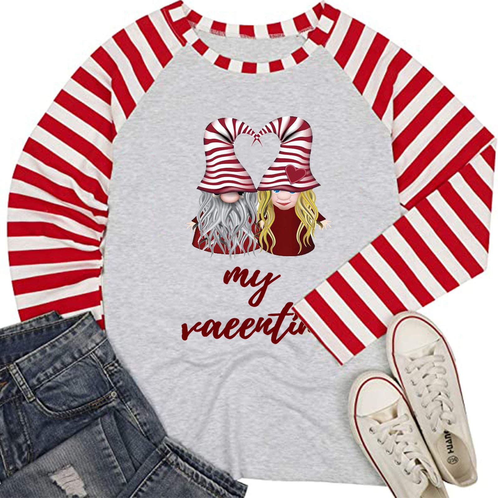 Women's Casual Valentine's Day Printed Stripe Raglan Long Sleeve Blouse - Romantic Graphic Tee for Date Night, Party & Everyday Wear