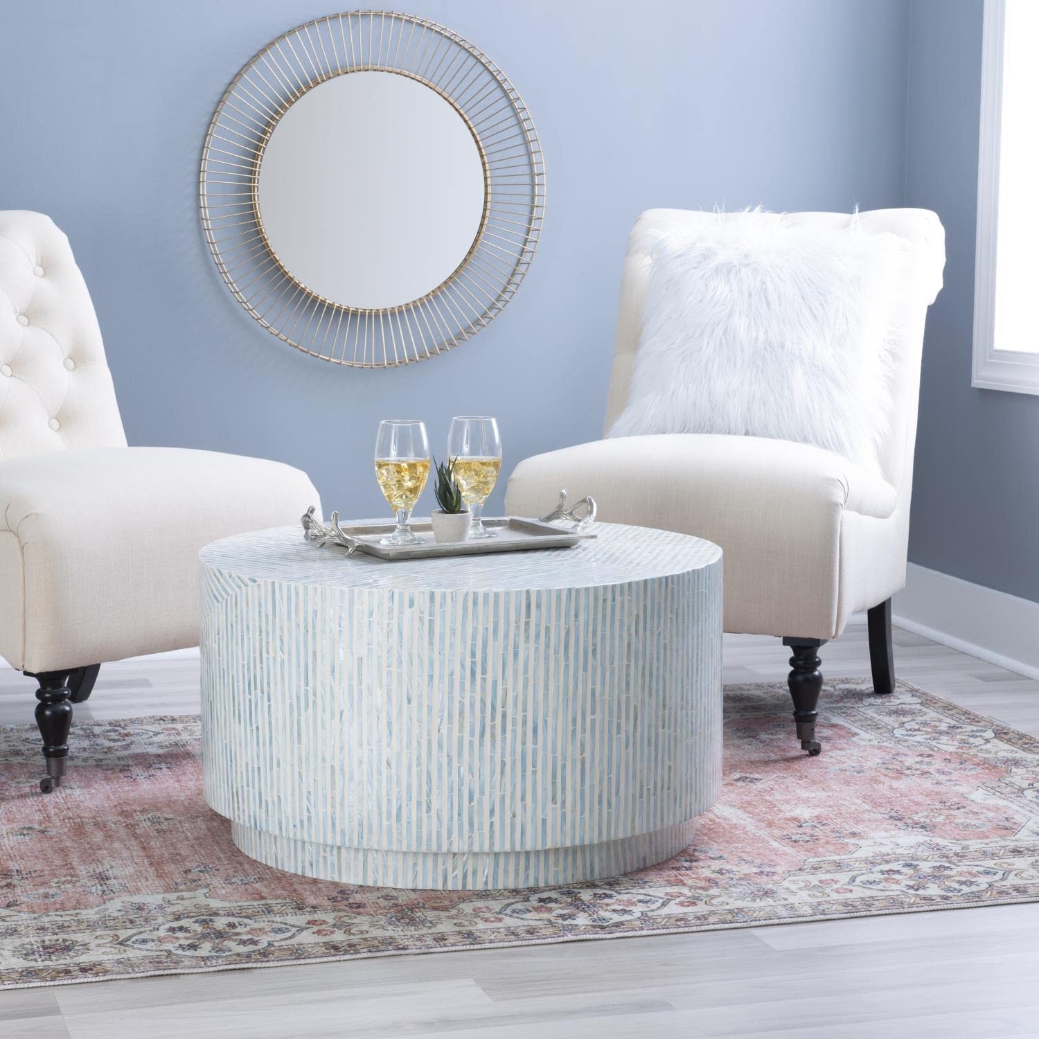 Linon Perrin Capiz Coffee Table - Blue Glass Top Modern End Table for Living Room, Bedroom & Office Decor