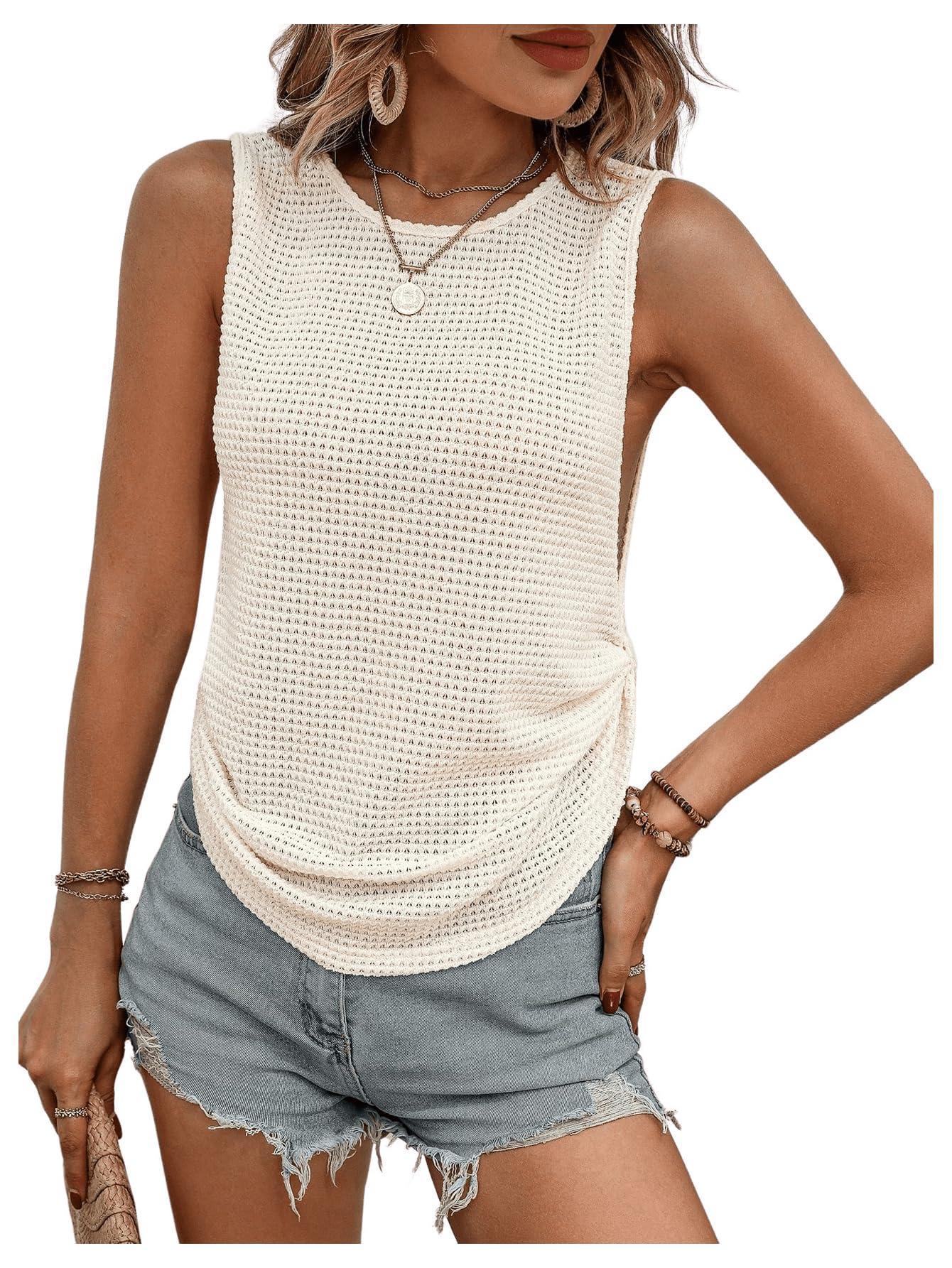 SOLY HUX Women's Waffle Knit Tank Top - Side Knot Vest, Round Neck Sleeveless Summer Tops for Women | Casual Beachwear, Vacation Outfits & Summer Fashion