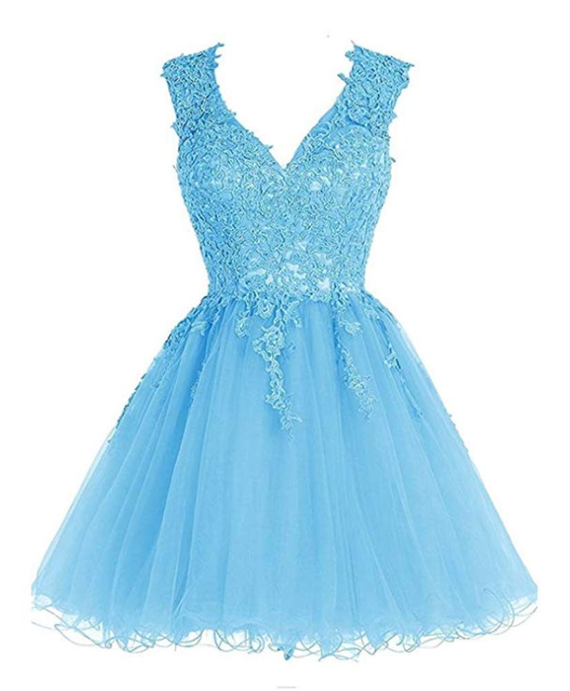 Elegant Blue Lace Homecoming Dress for Women - Short Tulle Cocktail Dress with V-Neck & Appliques | Perfect for Prom, Parties & Special Occasions