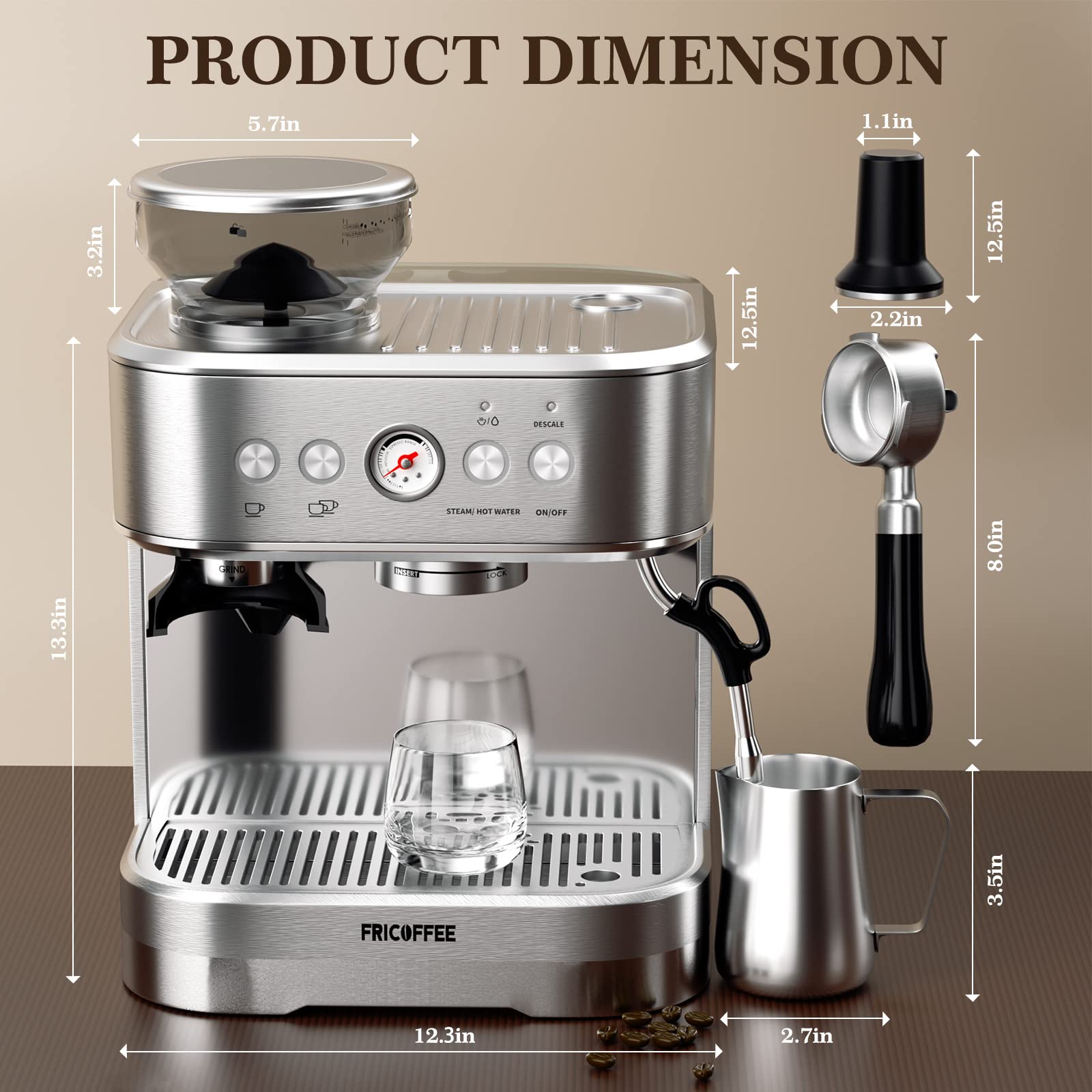 Premium Stainless Steel Semi-Automatic Espresso Machine with Built-in Grinder & Milk Frother - Perfect for Home Baristas & Coffee Lovers - Ideal for Making Espresso, Cappuccino, Latte & More at Home or Office