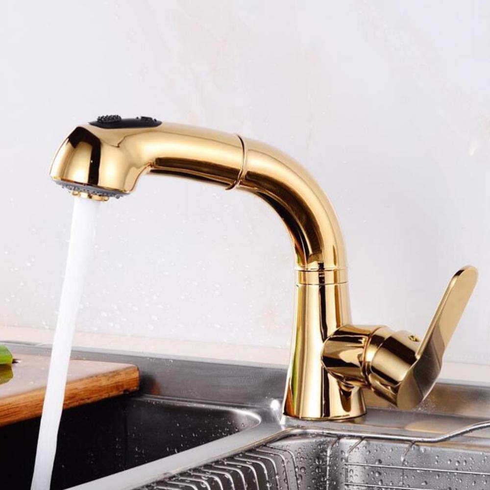 Premium Gold Pull Down Kitchen Faucet with Sprayer - Brass Hot & Cold Water Sink Tap with Telescopic Rotating Spout - Perfect for Modern Kitchens & Bar Sinks