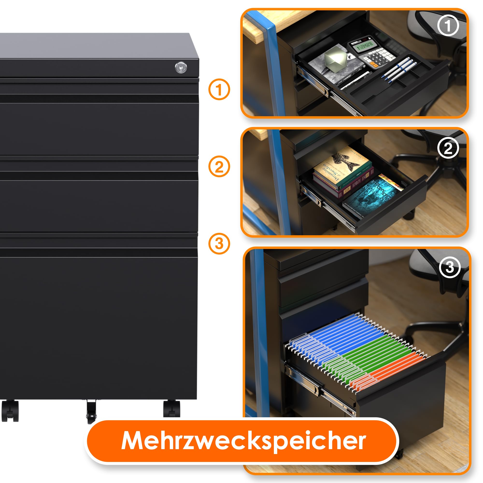 SUPEER 3-Drawer Rolling Metal Filing Cabinet - Under Desk Lockable Storage with Hanging Files for Office Documents, Stationery & Printers | Perfect for Home Office & Workspace Organization