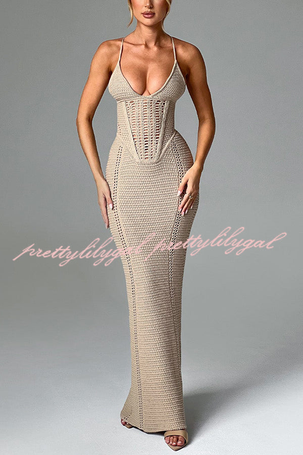 Elegant Knit Crochet Hollow Out Back Lace Up Stretch Maxi Dress for Women - Summer Beach Vacation & Boho Chic Outfit