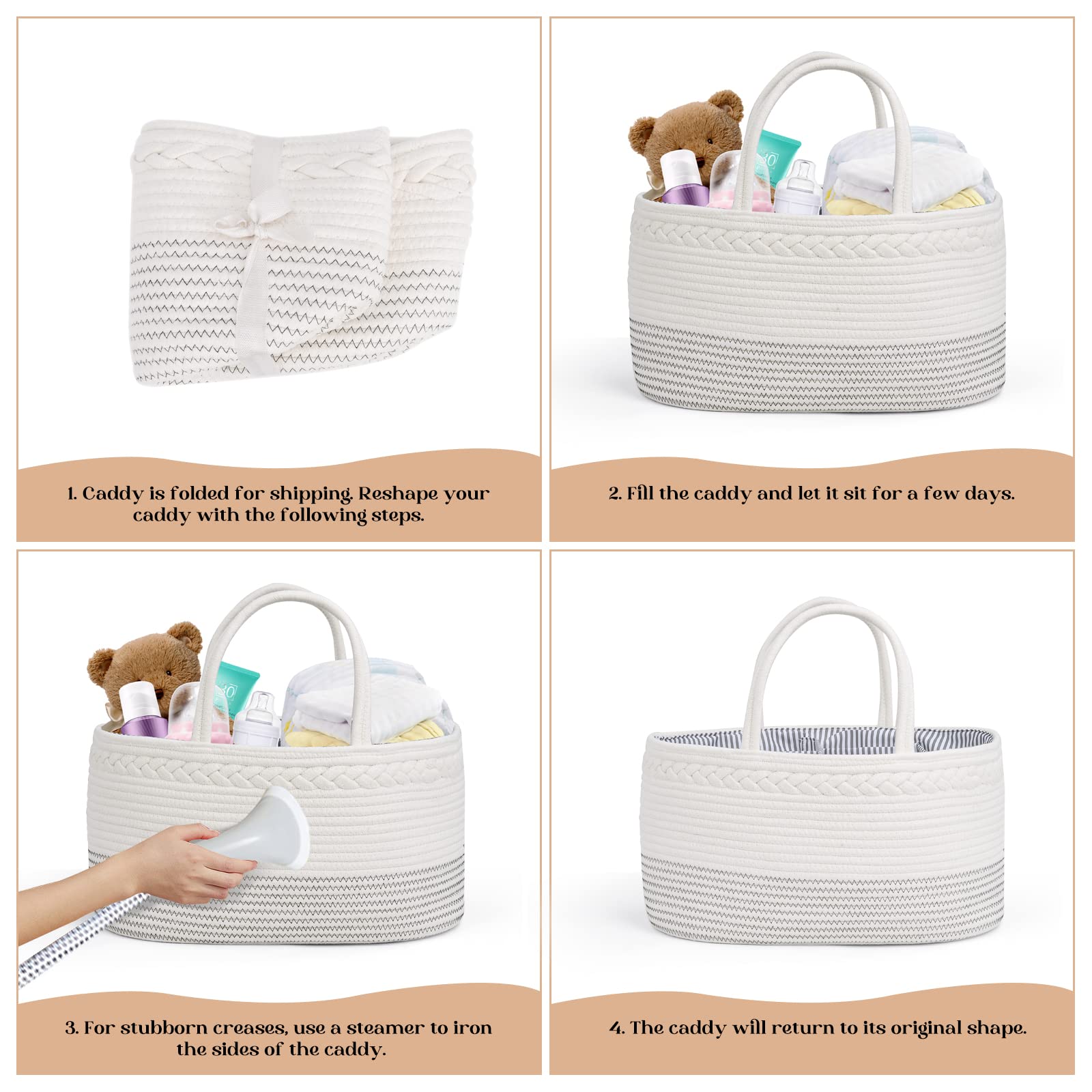 Premium Extra Large Baby Diaper Caddy Organizer - Cotton Rope Nursery Storage Basket with Dividers, Portable Changing Table Organizer & Car Storage Tote - Perfect Baby Shower Gift for Newborns (Great for Nursery, Travel & On-the-Go Parents)
