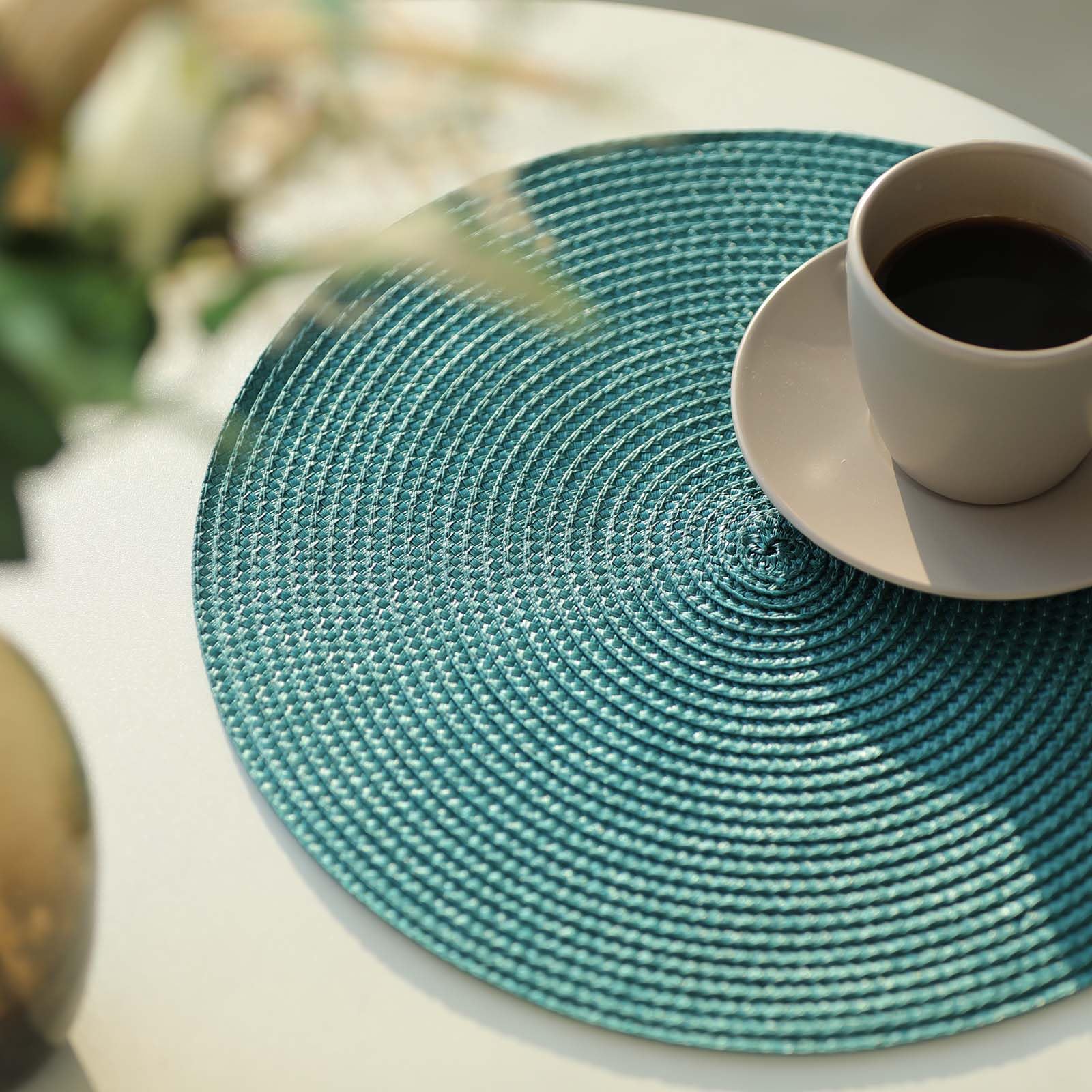 FunWheat Round Braided Placemats Set of 6 - Woven Washable Non-Slip Table Mats for Dining Tables (13 Inch, Teal) - Perfect for Everyday Meals, Dinner Parties & Home Decor