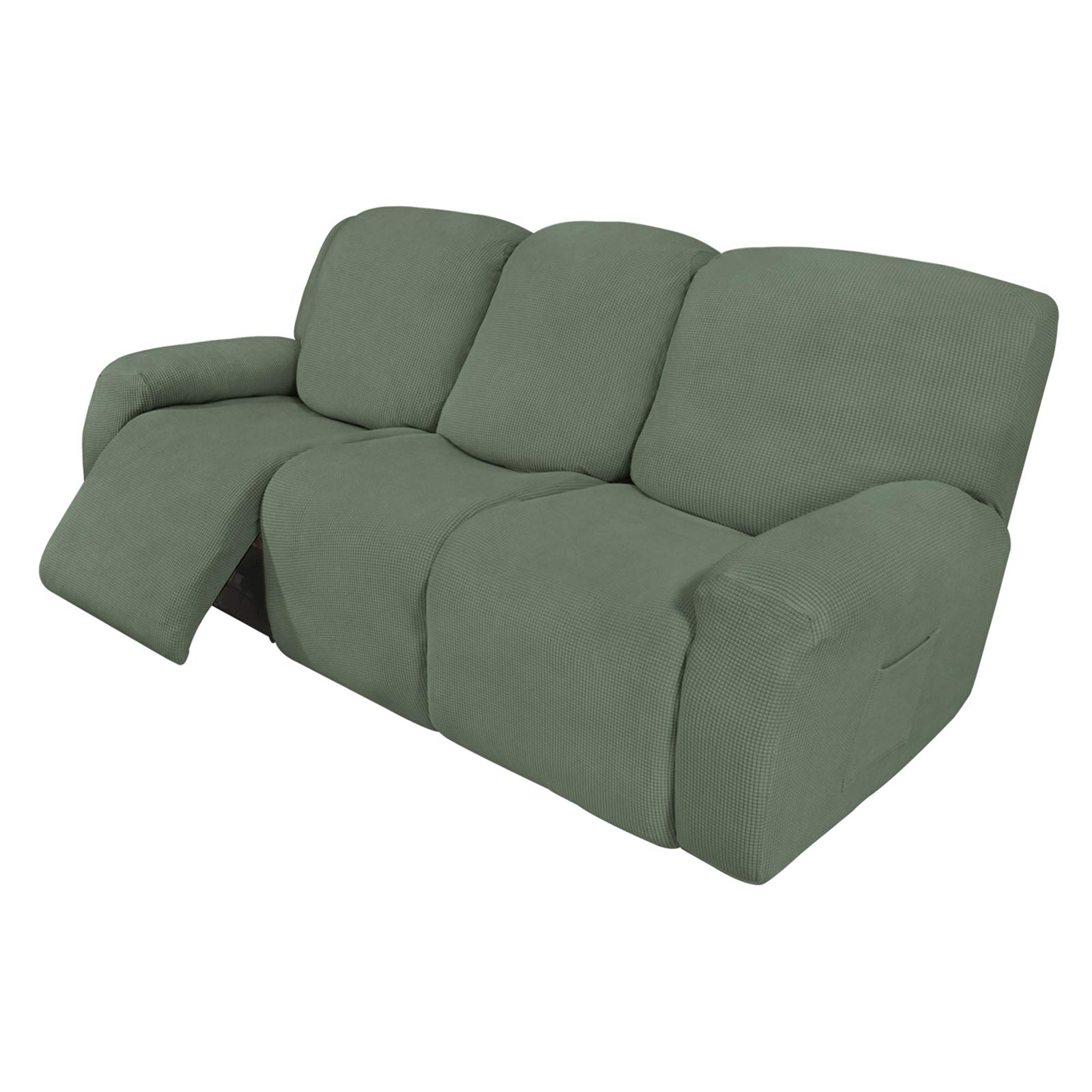 8-Piece Recliner Sofa Slipcover Set - Stretchable Furniture Protector with Elastic Bottom, Soft Spandex Jacquard Fabric in Small Checks Greyish Green - Perfect for Living Room, Family Room, and Pet-Friendly Homes