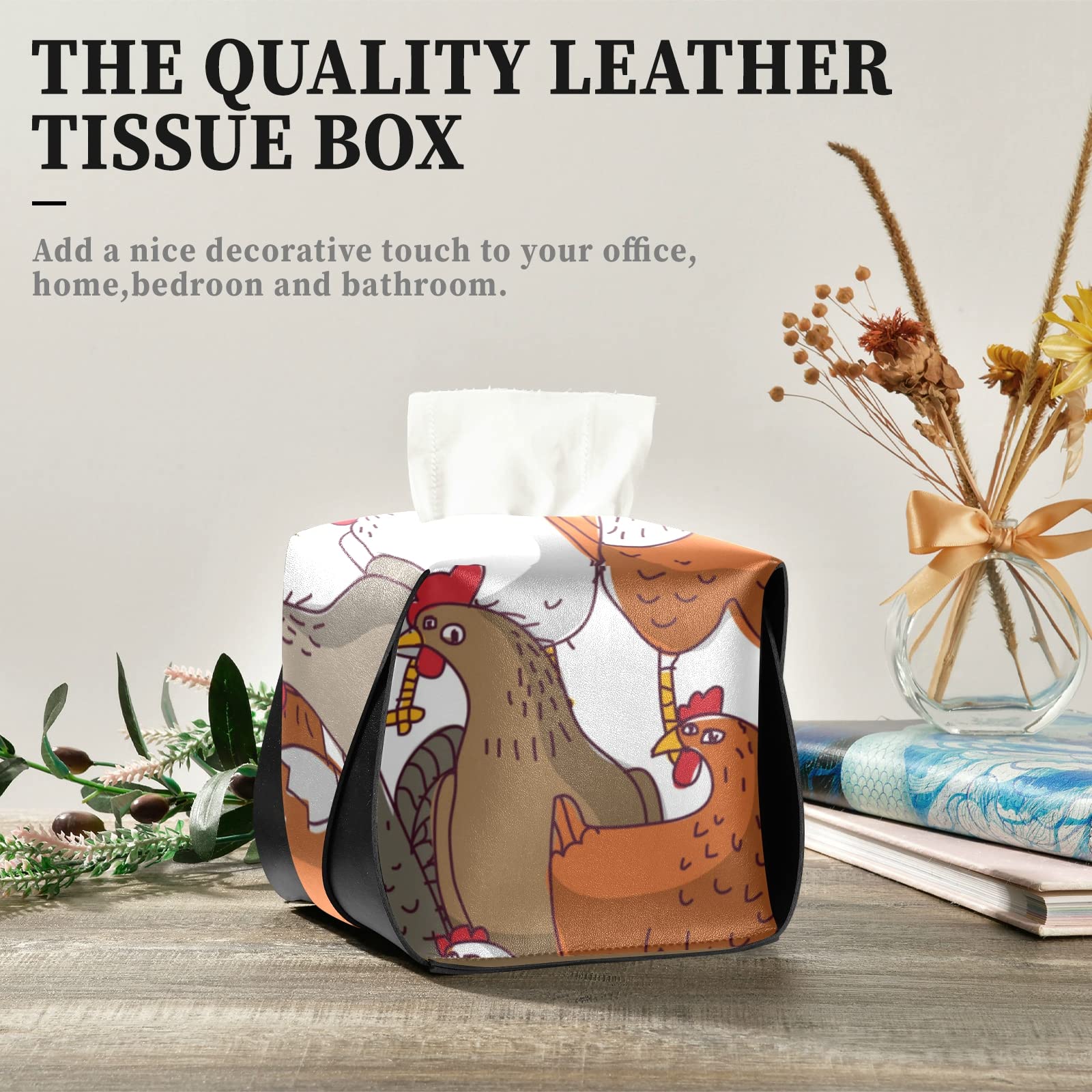 Premium Leather Tissue Box Cover - Brown, White & Orange Chicken Seamless Pattern - 5.7x5.7x5.7 Inch Square Design with Handle for Bathroom, Nightstand, Vanity, Office Desk & Car Decor - Home & Travel Accessory