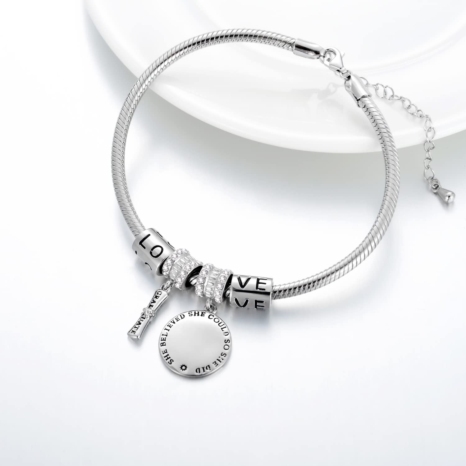 AOBOCO Sterling Silver Inspirational Graduation Snake Bracelet - Perfect College, Masters & Nursing Graduation Gift for Her, Granddaughter, Women (6.5-8.5