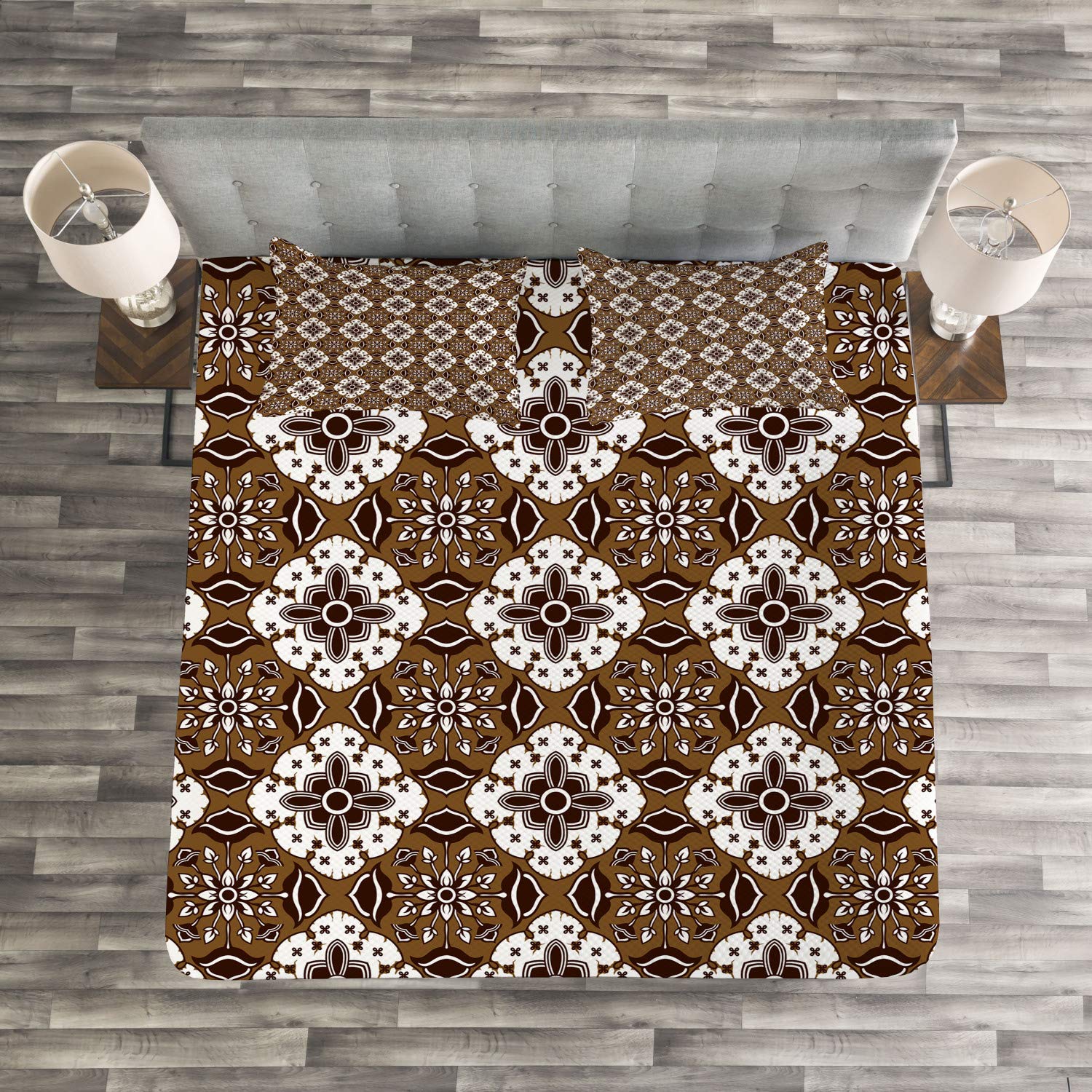 Ambesonne Chocolate Brown King Size 3-Piece Bedspread Set with Floral Indonesian Batik Pattern - Includes Decorative Coverlet & 2 Pillow Shams | Perfect for Master Bedroom, Guest Room & Bohemian Home Decor