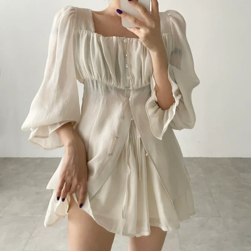 2023 Women's Summer Outfits - Long Sleeve Blouse & Thin Shorts 2-Piece Set | Pure Color Fairy Style | Perfect for Beach Vacations, Date Nights & Casual Outings