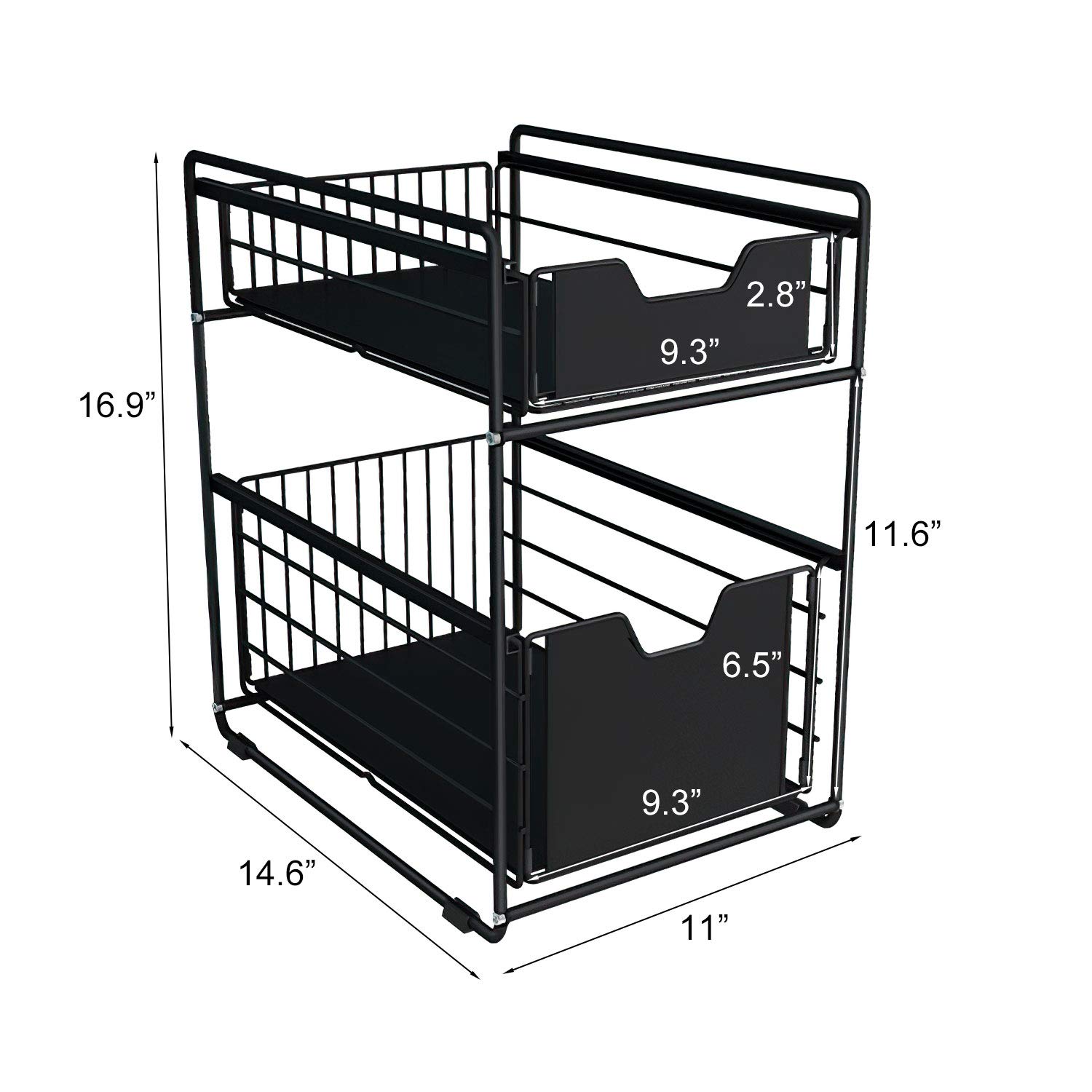 2 Tier Sliding Cabinet Basket Organizer - Under Sink Storage Shelf for Kitchen, Pantry & Bathroom | Space Saving Drawer Organizer for Countertop, Office & Desktop - Black | Perfect for Small Space Organization