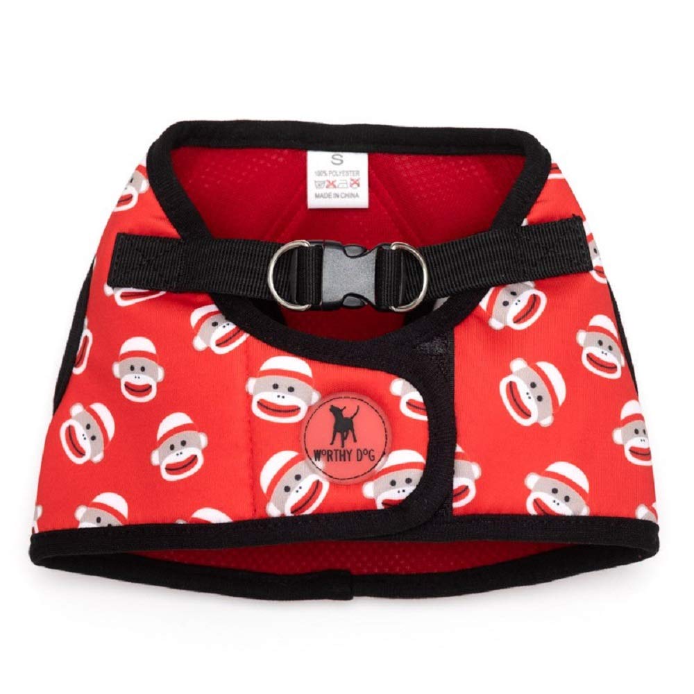 Adjustable Dog Harness Vest with Comfy Padded Mesh - Velcro Straps for XXS Dogs | Red Sock Monkey Design | Perfect for Outdoor Walks & Easy Training