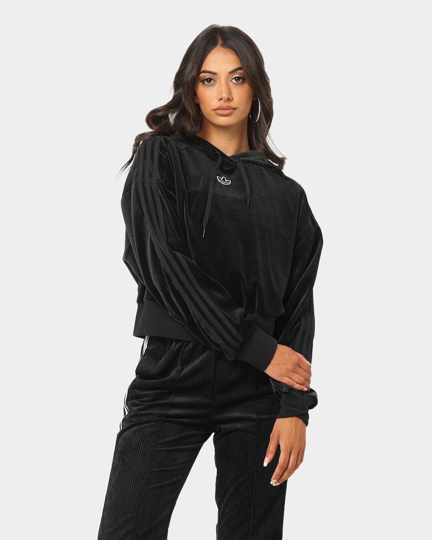 Adidas Women's Cropped Velour Hoodie - Soft & Cozy Pullover Sweatshirt for Casual Wear & Lounge Outfits | Black Melange Color