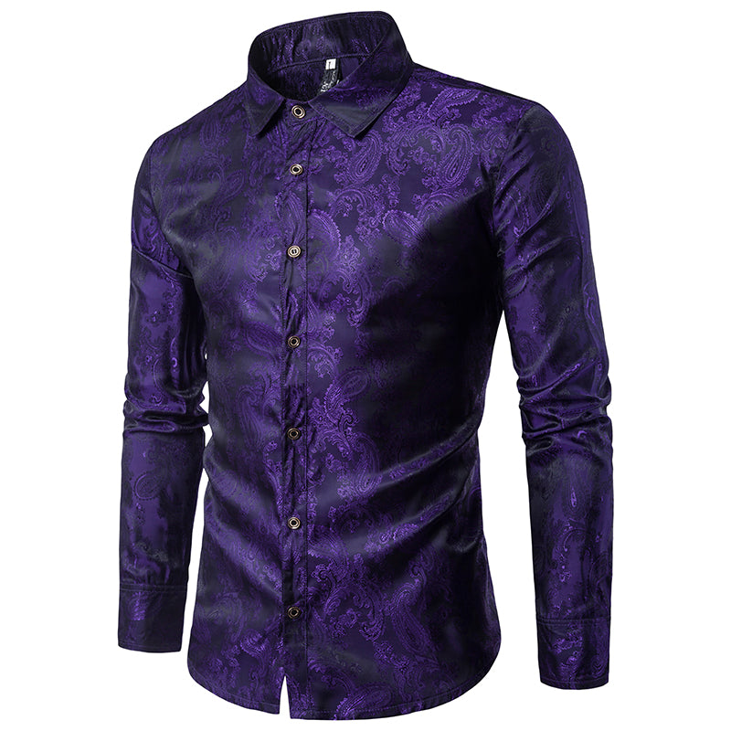Slim Fit Embroidered Purple Paisley Shirt for Men - Stylish Casual Button Down Top for Office, Party & Date Night Outfits