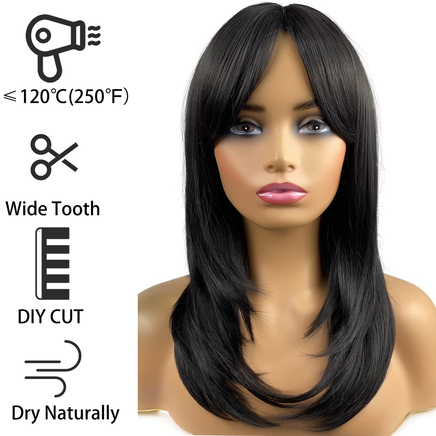 Long Black Wigs for Women - 20 Inch Shoulder Length Synthetic Wig with Bangs & Layers | Perfect for Daily Wear, Cosplay & Party Occasions