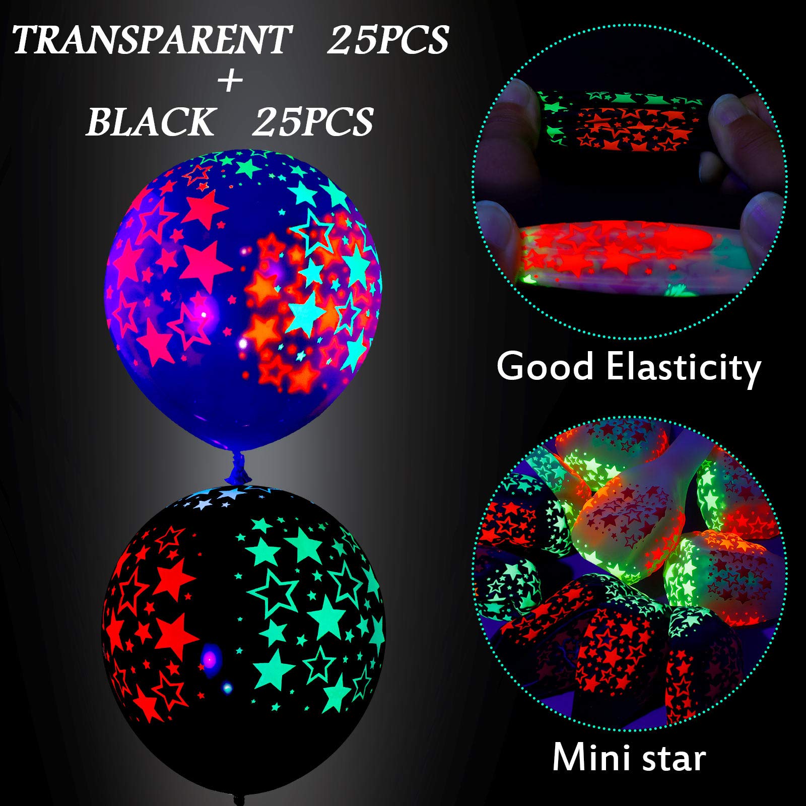 50 Pack Neon Glow Balloons & Stars - Fluorescent Blacklight Party Decorations for Birthday, Wedding, Arch Backdrop (Black & Clear) - Perfect for UV Parties, Raves, and Nighttime Celebrations