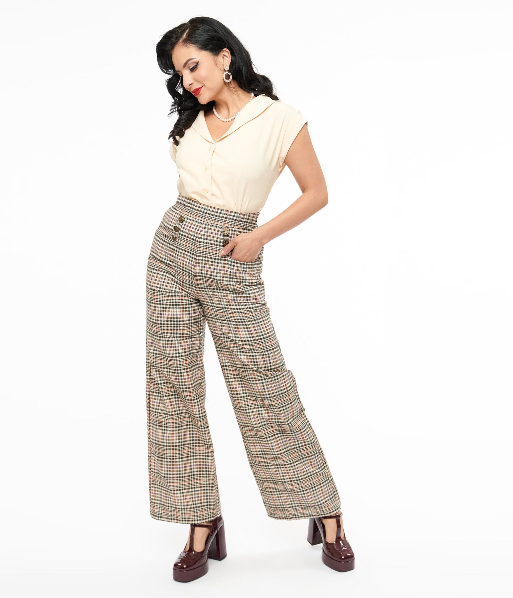 Vintage 1940s High Waist Sailor Ginger Pants - Beige Plaid Retro Trousers for Women | Perfect for Cosplay, Historical Reenactment & Vintage Fashion Outfits