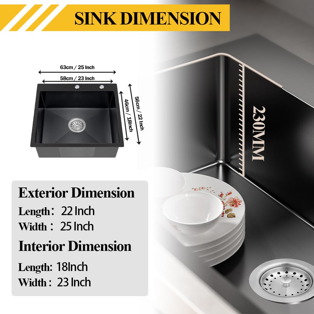 Premium 25x22x9 Inch Black Stainless Steel Topmount Bar Sink - Single Bowl Drop-In Kitchen Sink Combo with Sink Grid, Soap Dispenser, Faucet Mat & Drain Strainer Set | Modern Single Basin Design for Restaurants, Bars & Home Kitchens
