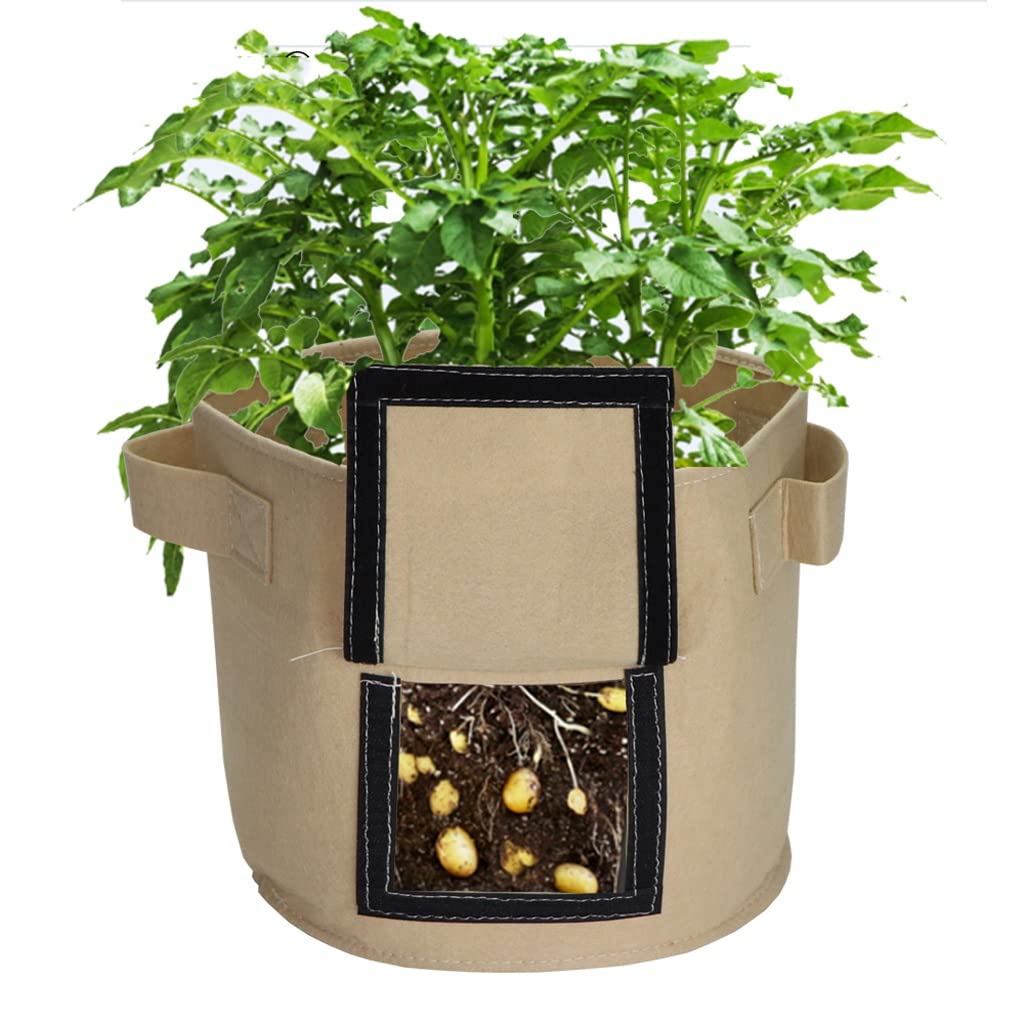 Khaki Fabric Potato Grow Bags - 23x26cm Plant Bucket for Tomatoes, Nursery, Flowers & Seedlings | Durable Garden Planting Pots for Vegetables, Herbs & Indoor/Outdoor Gardening