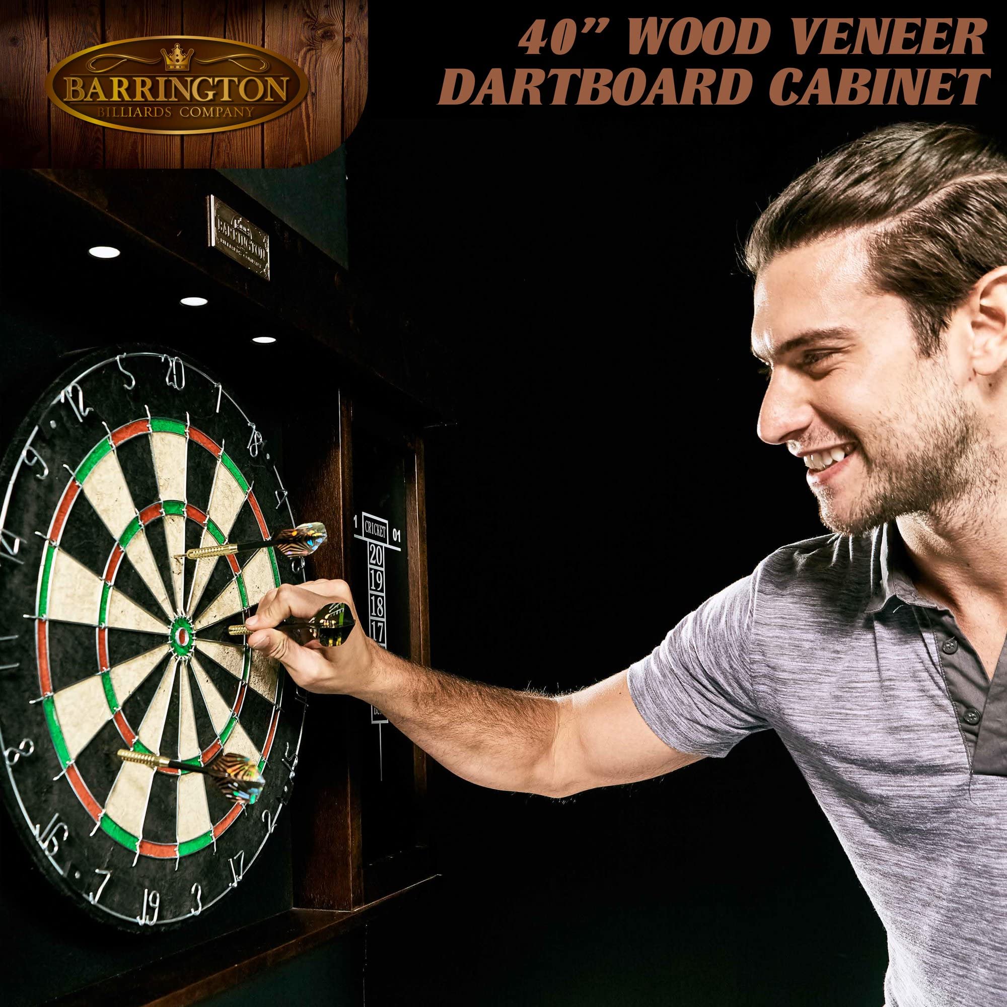 40 Inch Wooden Dartboard Cabinet Set with LED Lights - Large Dart Board for Adults, Includes 6 Steel Tip Darts (Brown/Black) - Perfect for Home Bar, Game Room, Playroom, and Man Cave Entertainment