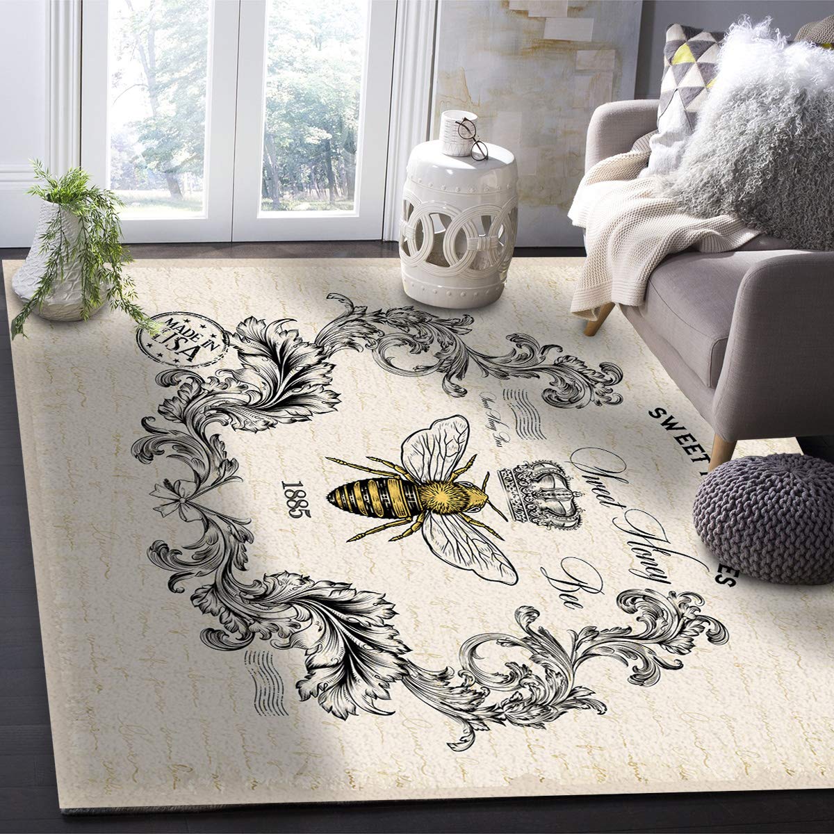 5'x8' Vintage Floral Print Rectangle Area Rug - Non-Skid Floor Mat for Living Room, Kitchen, Porch & Kids Room | Sweet Honey Bee Design | Perfect for Home Decor, Accent Pieces & High-Traffic Areas