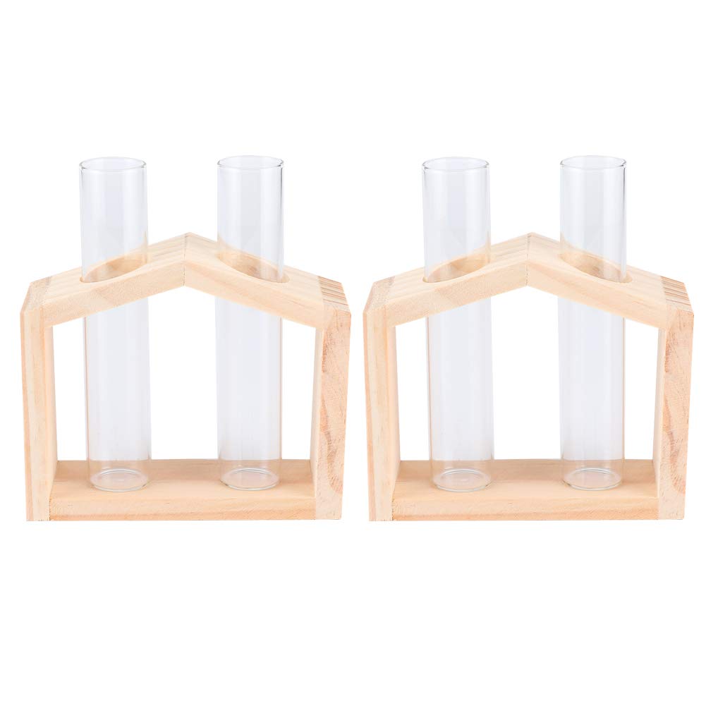 Agatige Double Bottle Glass Tube Vase - Hydroponic Test Tube Vase with Wooden Stand for Plants, Succulents, Flowers | Modern Home Garden Decor for Living Room, Office, Wedding Centerpiece