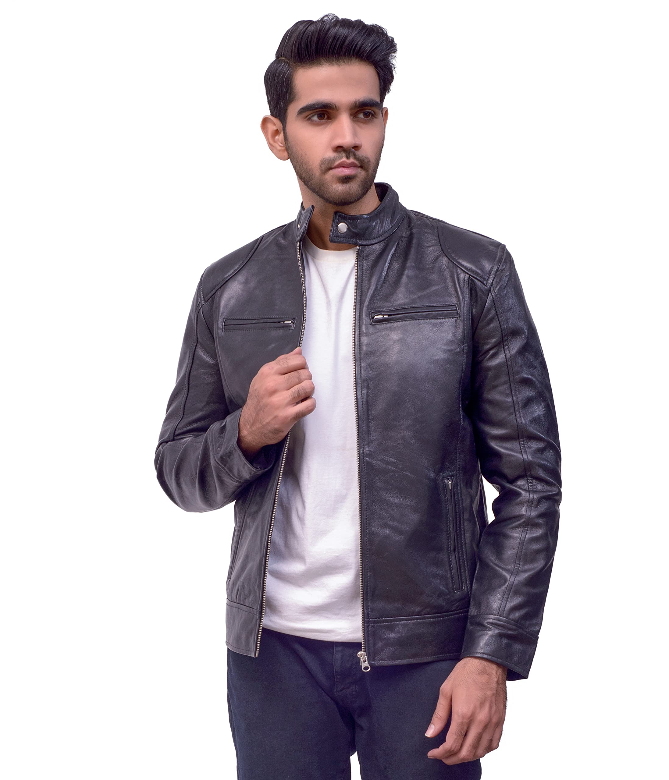 Genuine Black Leather Jacket for Men - Premium Lambskin Motorcycle Jacket with Zipper Pockets | Stylish Biker Outerwear for Riding & Casual Wear