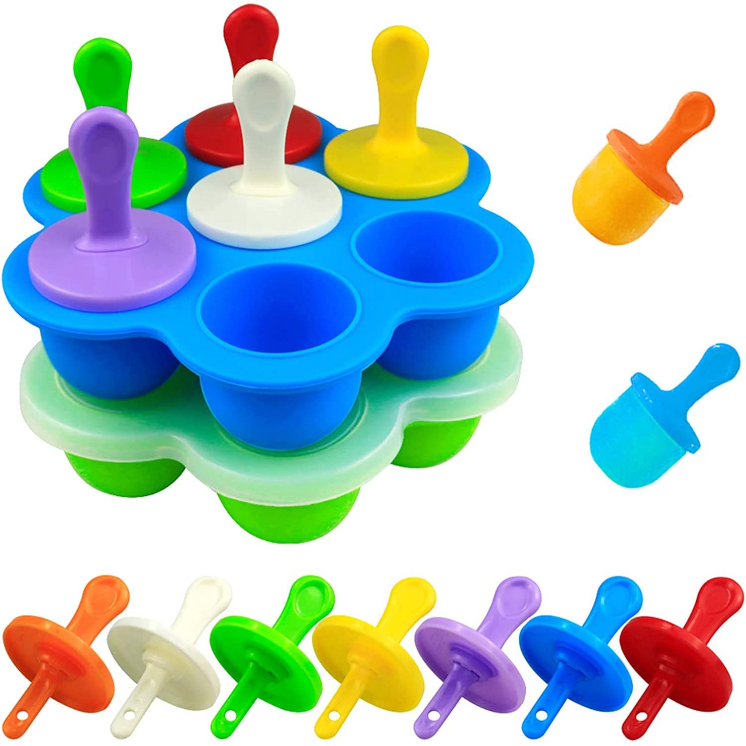 **Rioychan 7-Cavity Mini Silicone Popsicle Molds with Sticks & Drip-Guards - Non-Stick Ice Cream & Cake Molds, DIY Ice Pop Maker, Food Storage Container (Blue-Green, 2PCS) - Perfect for Summer Treats, Kids' Snacks & Party Desserts**