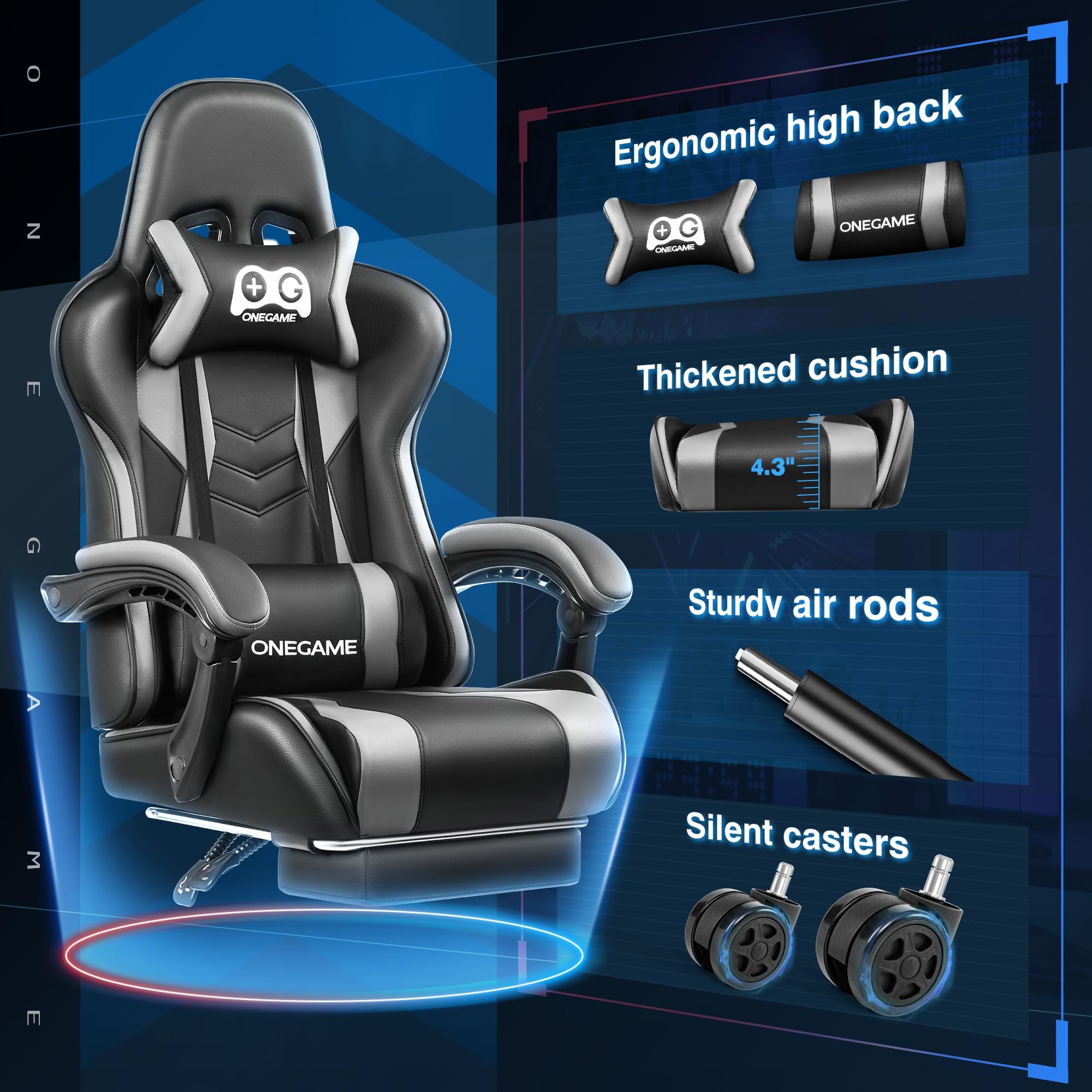 OneGame Ergonomic Gaming Chair with Adjustable Footrest & Lumbar Support - High Back Racing Style Computer Chair for Office & Home Gaming - 330LBS Weight Capacity (Black/Gray) - Perfect for Esports, Streaming & Long Work Sessions