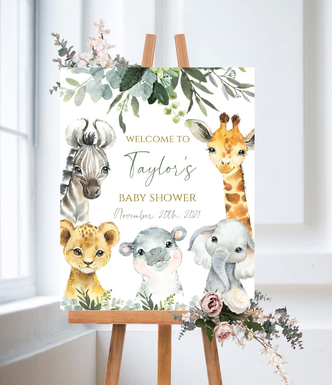 Personalized Woodland Baby Shower Welcome Sign - Jungle & Zoo Animal Themed Nursery Decor - Sage Green Safari Baby Shower Décor for Gender Reveal, First Birthday Party & Nursery Room Decoration