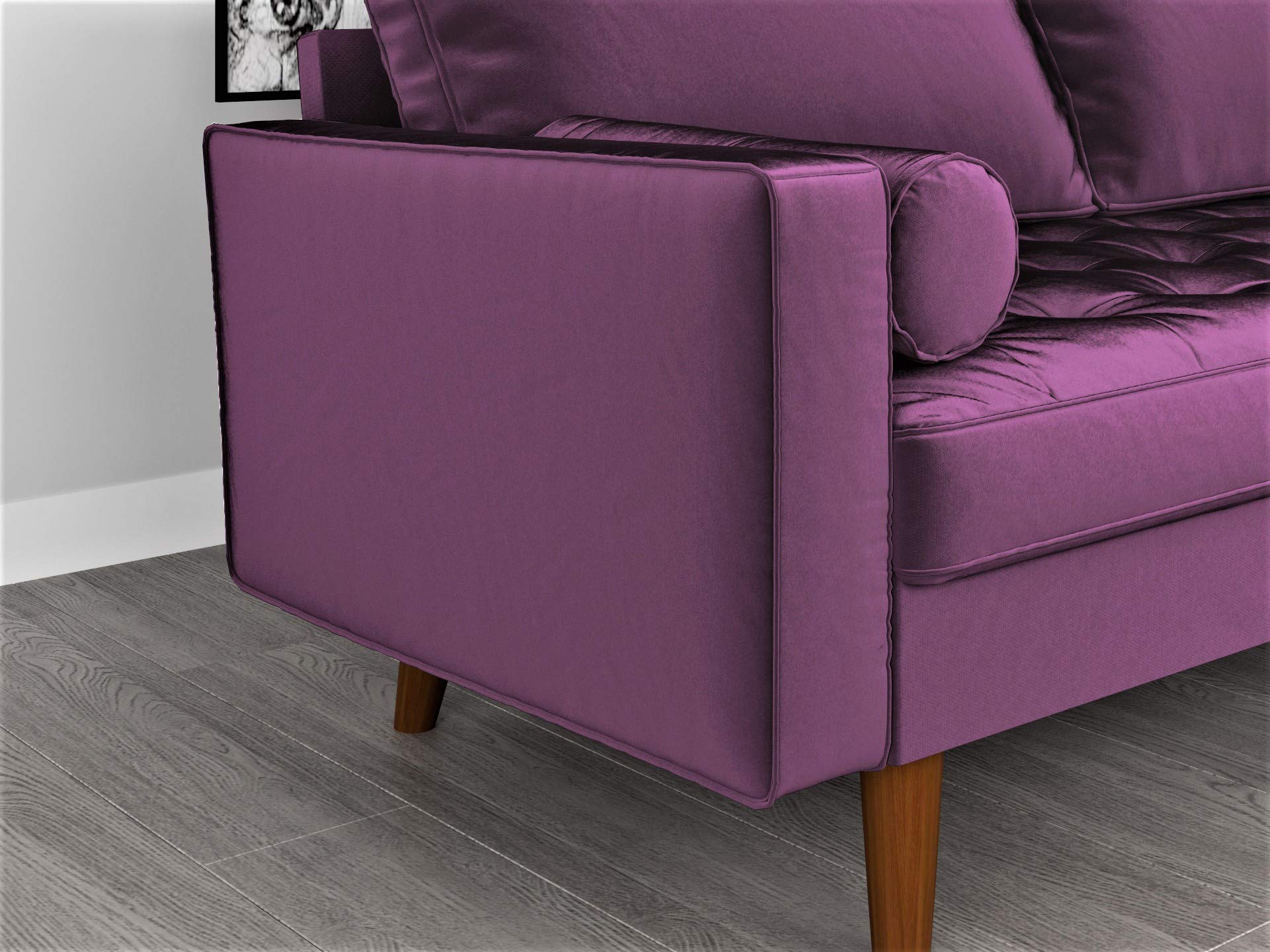 Womble Mid Century Modern Sofa - Soft Velvet Upholstered Tufted Seat with Bolster Pillows, Purple Couch for Living Room, Lounge & Home Decor