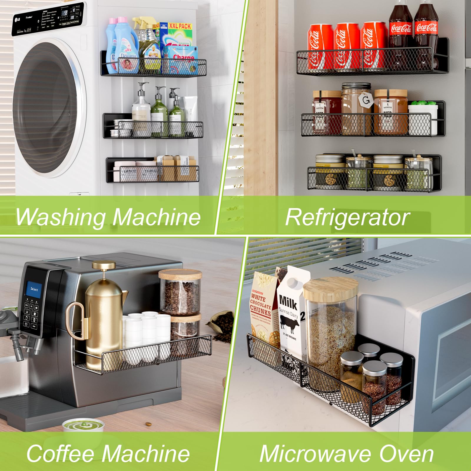 4 Pack Heavy-Duty Magnetic Shelves for Washing Machine & Refrigerator - Laundry Organizer with Hooks, Metal Storage Baskets for Closet & Laundry Room Organization (Black) - Perfect for Small Space Storage, Bathroom & Kitchen Organization