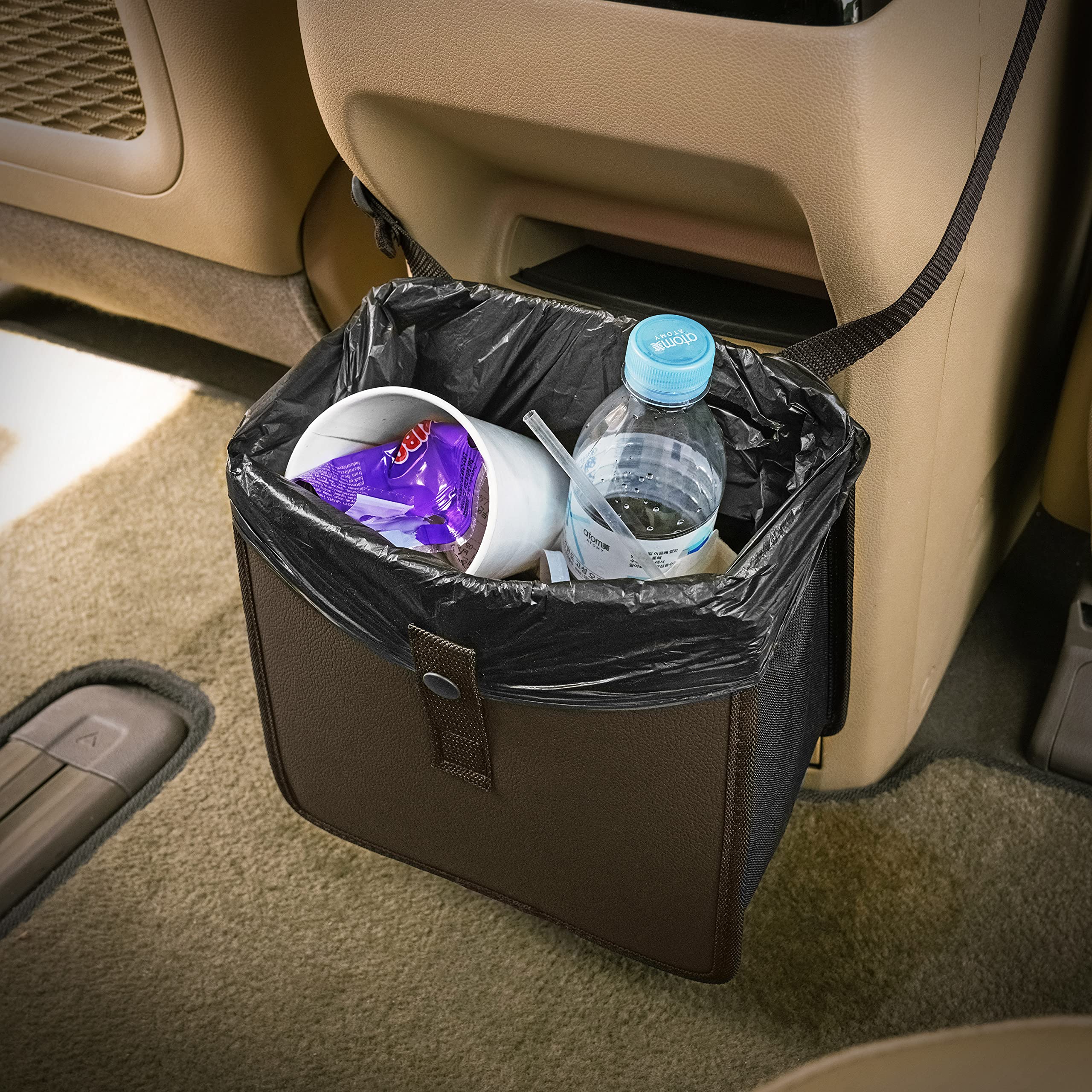 Foldable Hanging Car Trash Can - Vegan Leather & Oxford Fabric Car Organizer - Medium Brown Car Garbage Bin for Automotive - Perfect for Road Trips, Commuting & Keeping Your Vehicle Clean