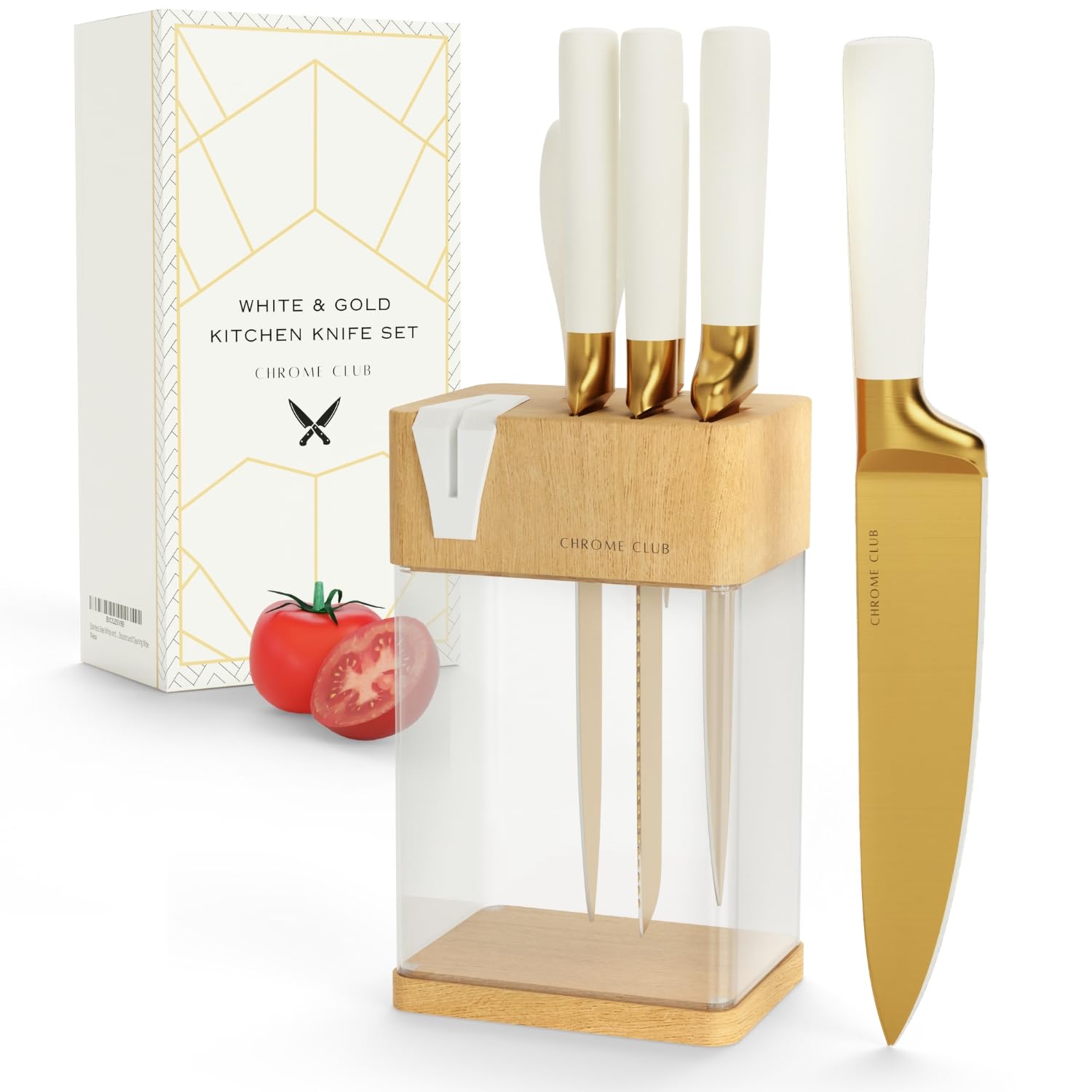White and Gold 7-Piece Kitchen Knife Set with Sharpener, Scissors & Wooden Block - Premium Gold-Tone Knives for Effortless Cooking, Slicing & Meal Prep