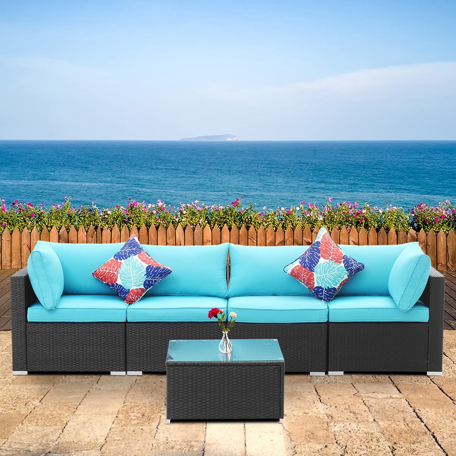 5-Piece All-Weather PE Rattan Patio Furniture Set - Outdoor Sectional Sofa with Coffee Table & Cushions - Durable Wicker Conversation Set for Garden, Poolside & Backyard Relaxation