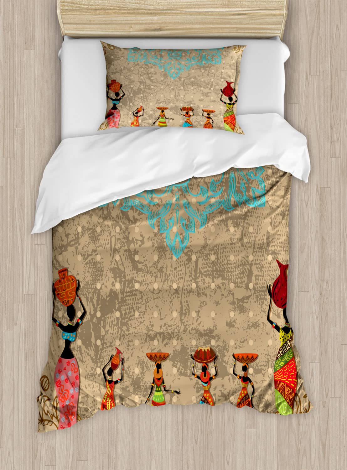 Ambesonne African Duvet Cover Set - Vintage Boho Folk Art Design with Girls Carrying Pots, 2-Piece Twin Size Bedding Set (Duvet Cover + Pillowcases) in Seafoam Cocoa | Perfect for Bohemian Bedroom Decor & Cultural Themed Guest Rooms