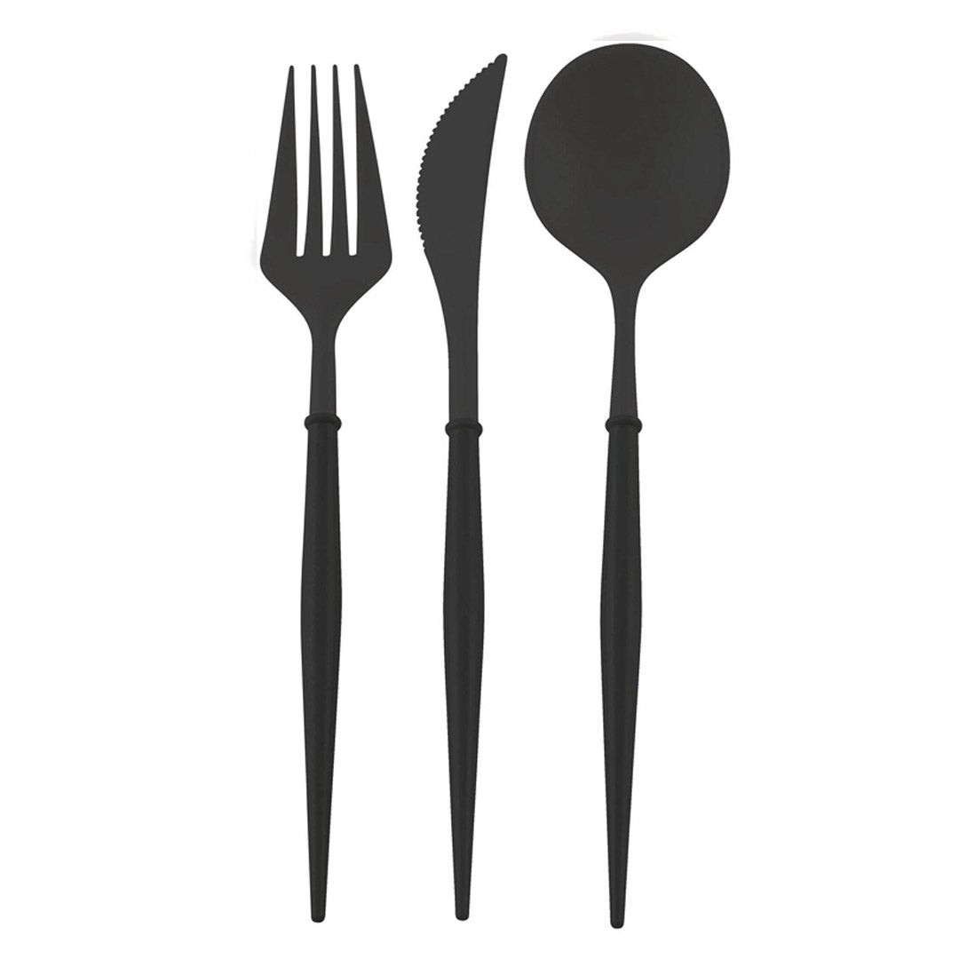 Premium 24-Piece All Black Plastic Cutlery Set - Durable Disposable Forks, Knives & Spoons - Service for 8 - Perfect for Parties, Picnics, BBQs & Catering Events