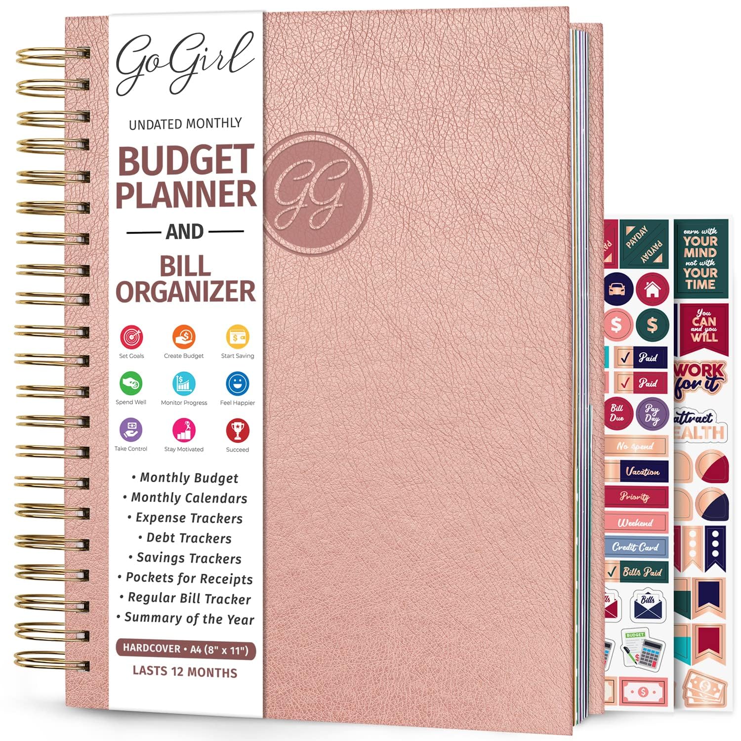 GoGirl Budget Planner - Monthly Bill Organizer with Pockets for Home & Office Finance Tracking (Rose Gold)