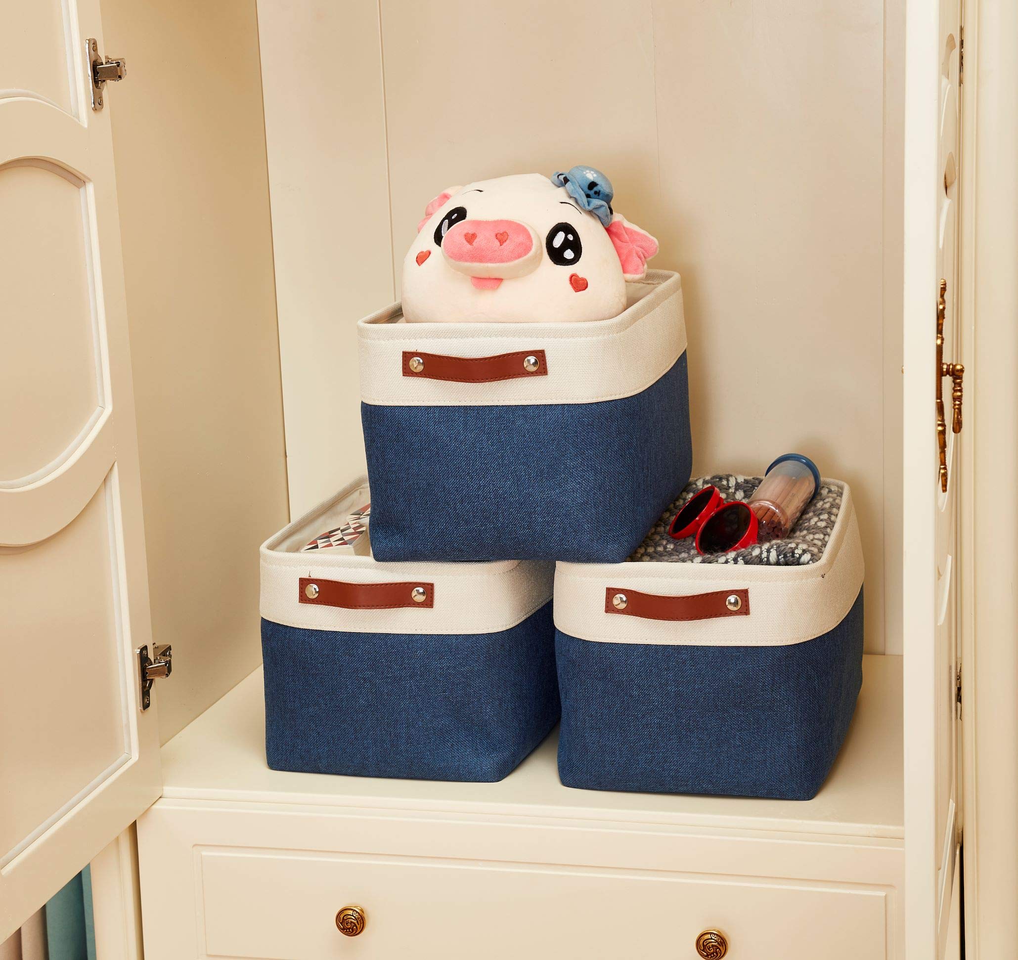 DECOMOMO XL Fabric Storage Bins - 3 Pack Navy Blue & White Storage Baskets for Shelves, Closet Organization, Nursery, Toys | Perfect for Home, Office & Kids Room Storage Solutions