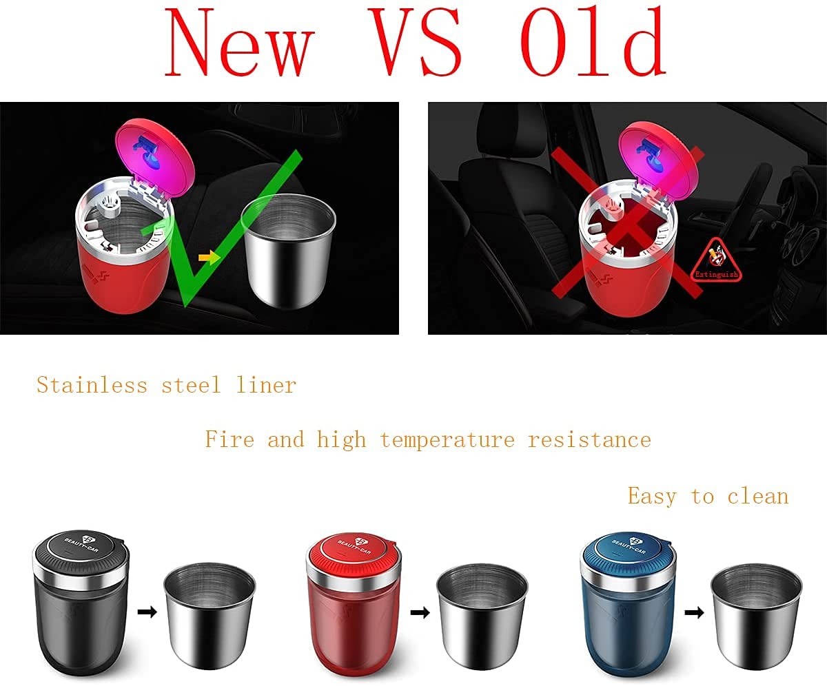 2PCS Smokeless Car Ashtray with Lid - Odor Proof & Detachable Stainless Steel Cigarette Tray with Blue LED Light, Fits Most Car Cup Holders | Easy Clean Car Accessory for Road Trips & Smoking Drivers (Red)