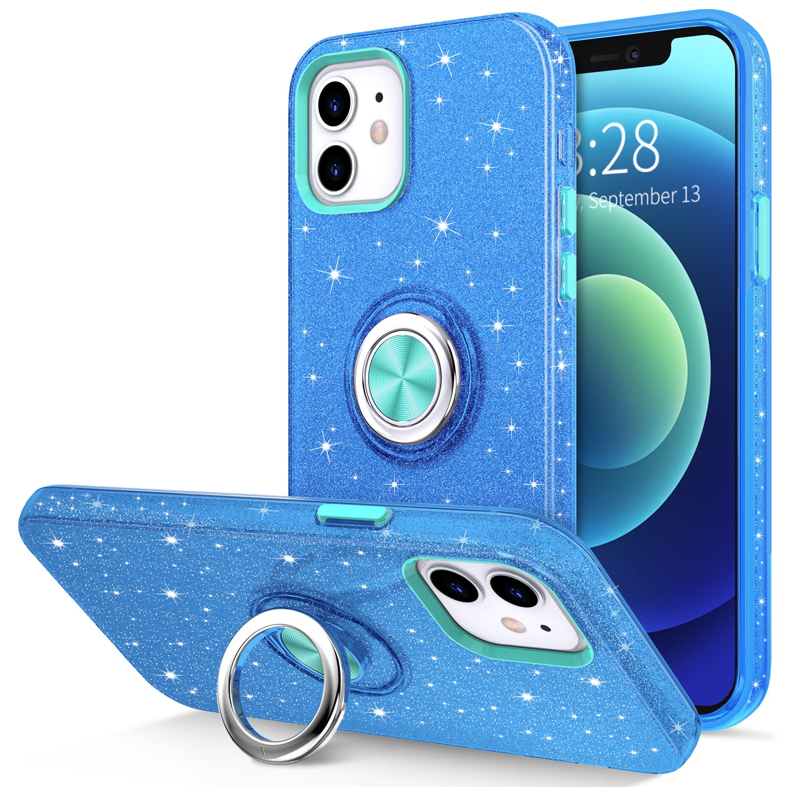 Hython iPhone 12/12 Pro Case with Magnetic Ring Stand - Sparkly Blue Protective Cover for Work & Travel