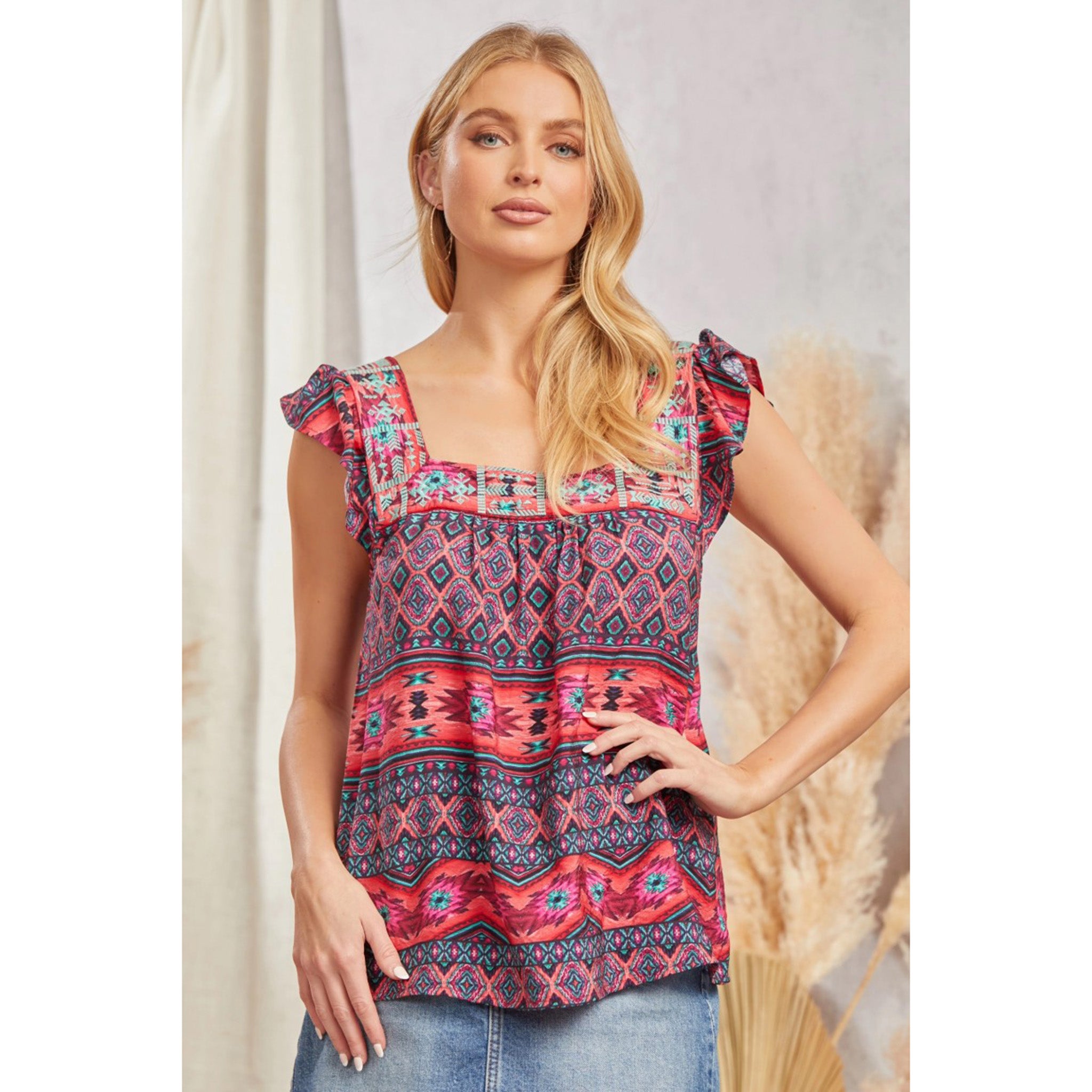 Andree Women's Short Sleeve T-Shirt - Pink Aztec Print Casual Top for Summer | Perfect for Beach, Travel & Everyday Wear