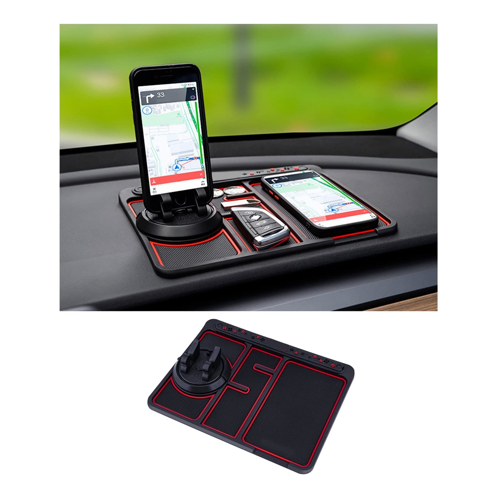 2023 Non-Slip Glow in the Dark Car Dashboard Phone Mat - 4-in-1 Universal Anti-Shake Phone Holder with Temporary Parking Card & Aromatherapy Pad (Red) | Perfect for Night Driving, Road Trips & Daily Commute