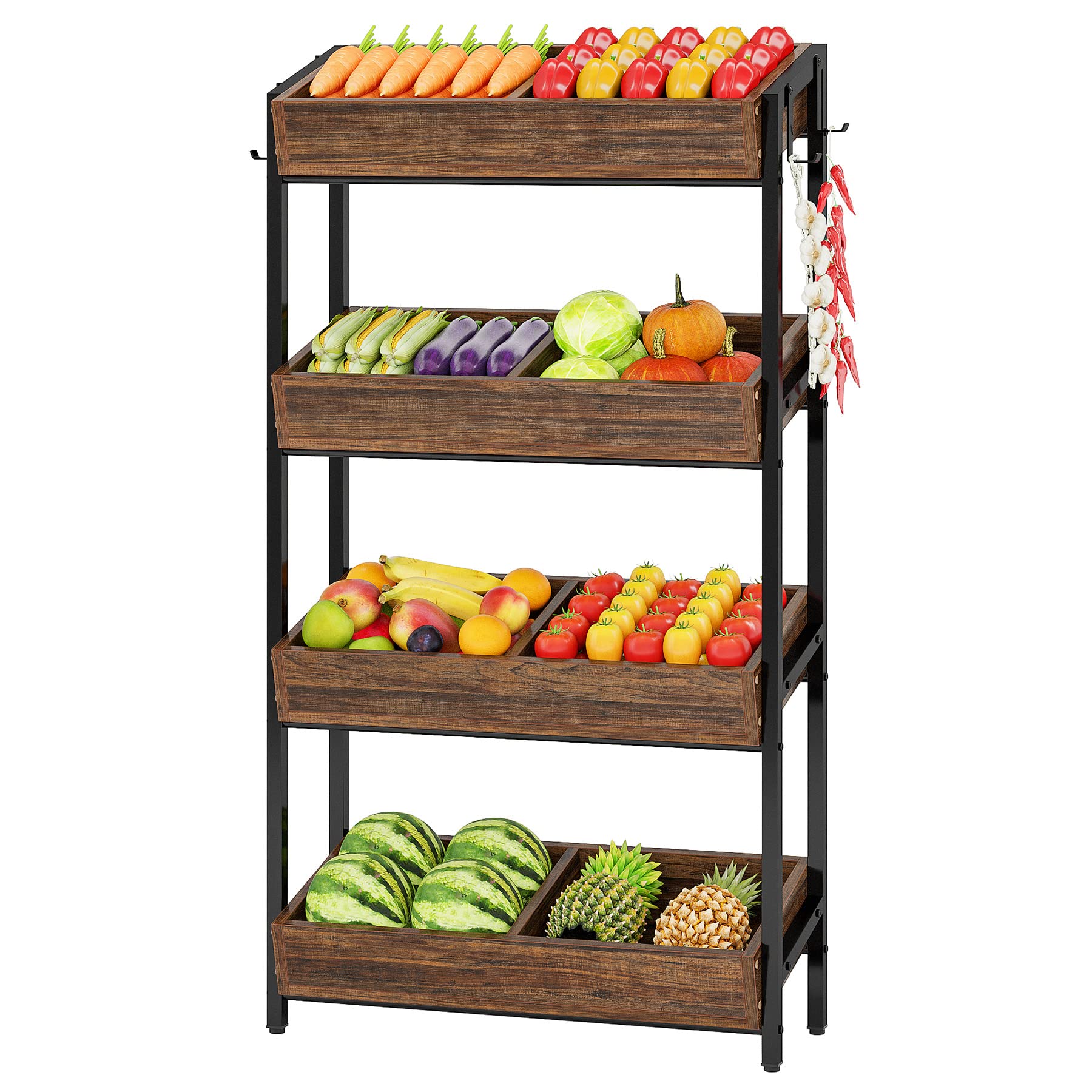 Tribesigns 4-Tier Wooden Storage Shelf - Kitchen Fruit & Vegetable Basket Stand, Pantry Organizer for Snacks, Office & Store Utility Rack - Space-Saving Brown & Black Shelving Unit | Perfect for Kitchen Organization, Pantry Storage, Retail Display & Home Decor