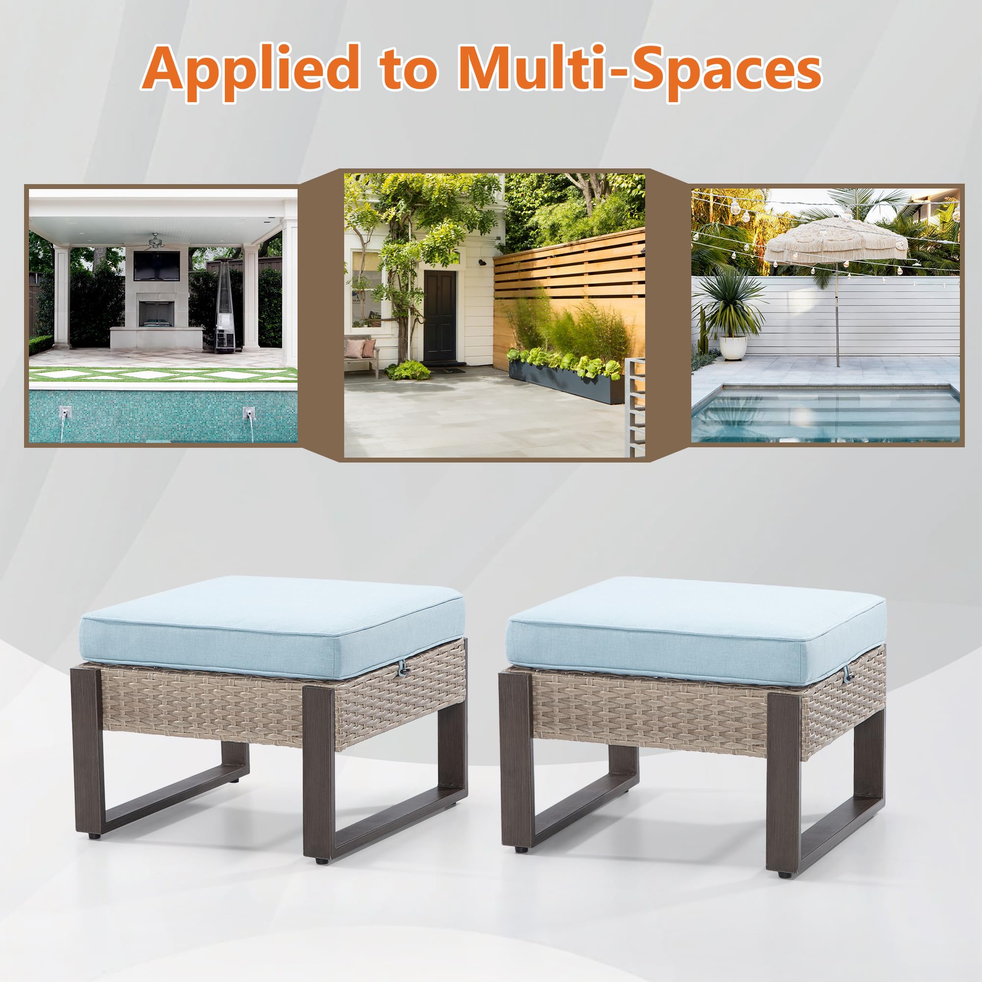 2-Piece Outdoor Patio Ottoman Set - All-Weather PE Rattan Footstools with Removable Cushions & Rust-Resistant Steel Frame - Light Blue - Perfect for Garden, Backyard, Porch, Deck and Poolside Relaxation