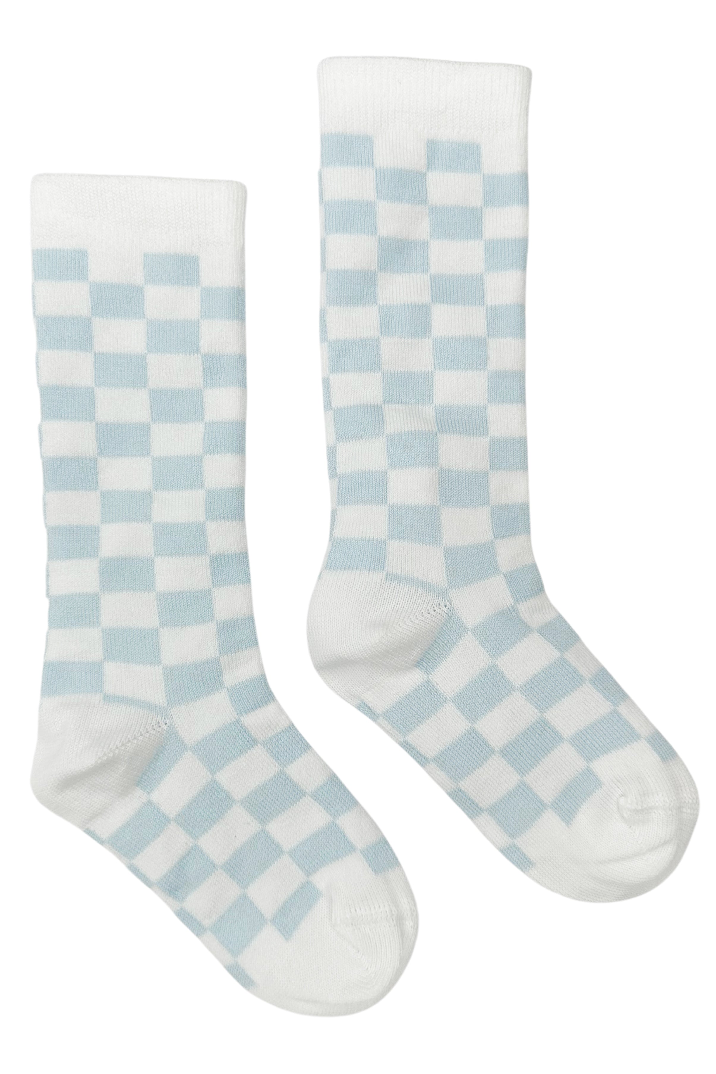 Baby Blue Checkerboard Knee High Socks for Girls & Boys - Soft Cotton Crew Length Socks for School, Sports & Casual Wear