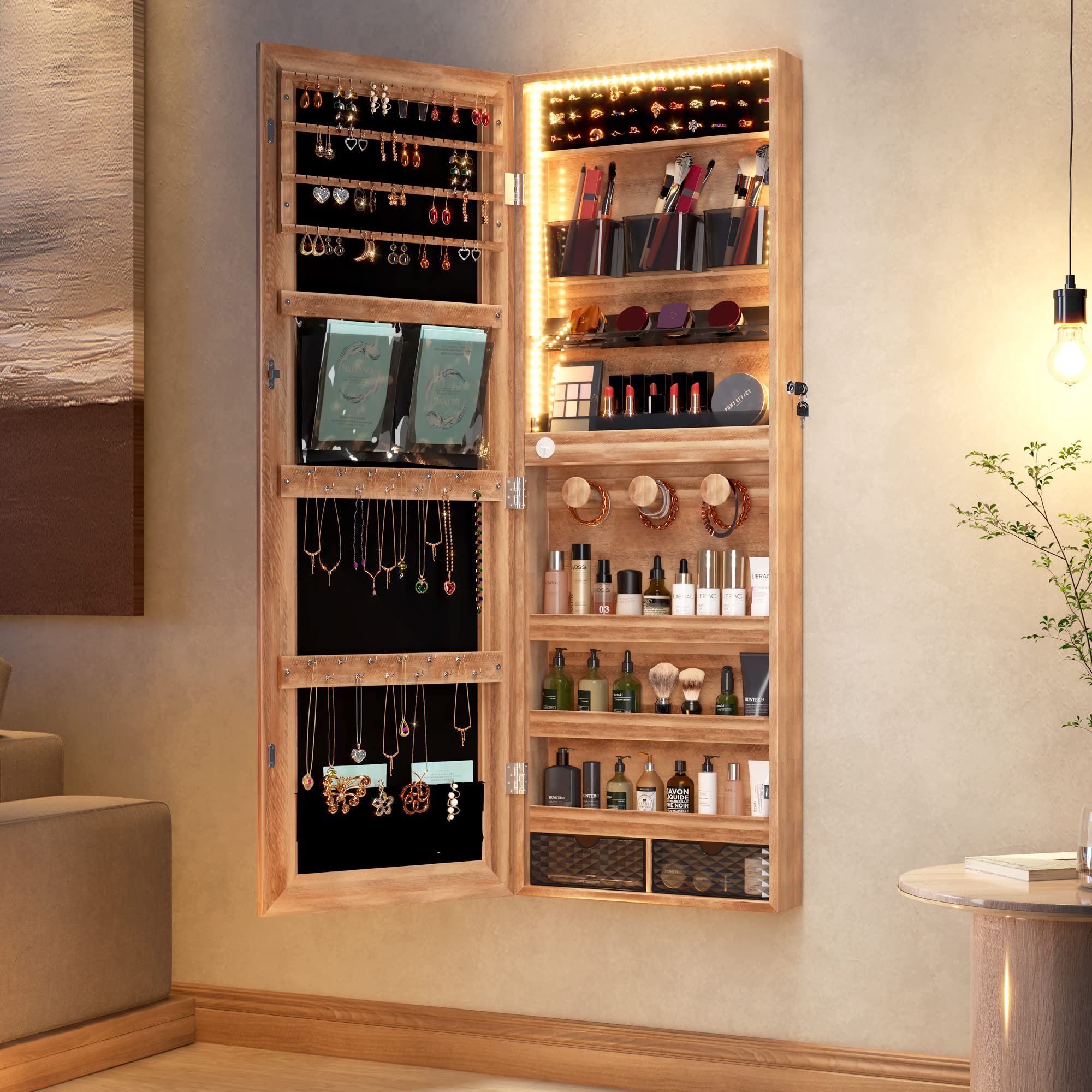 LVSOMT Lockable Jewelry Armoire Organizer with LED Lights - Wall Mounted Mirror Jewelry Cabinet with Storage, Brown - Perfect for Bedroom, Closet & Dressing Room Organization